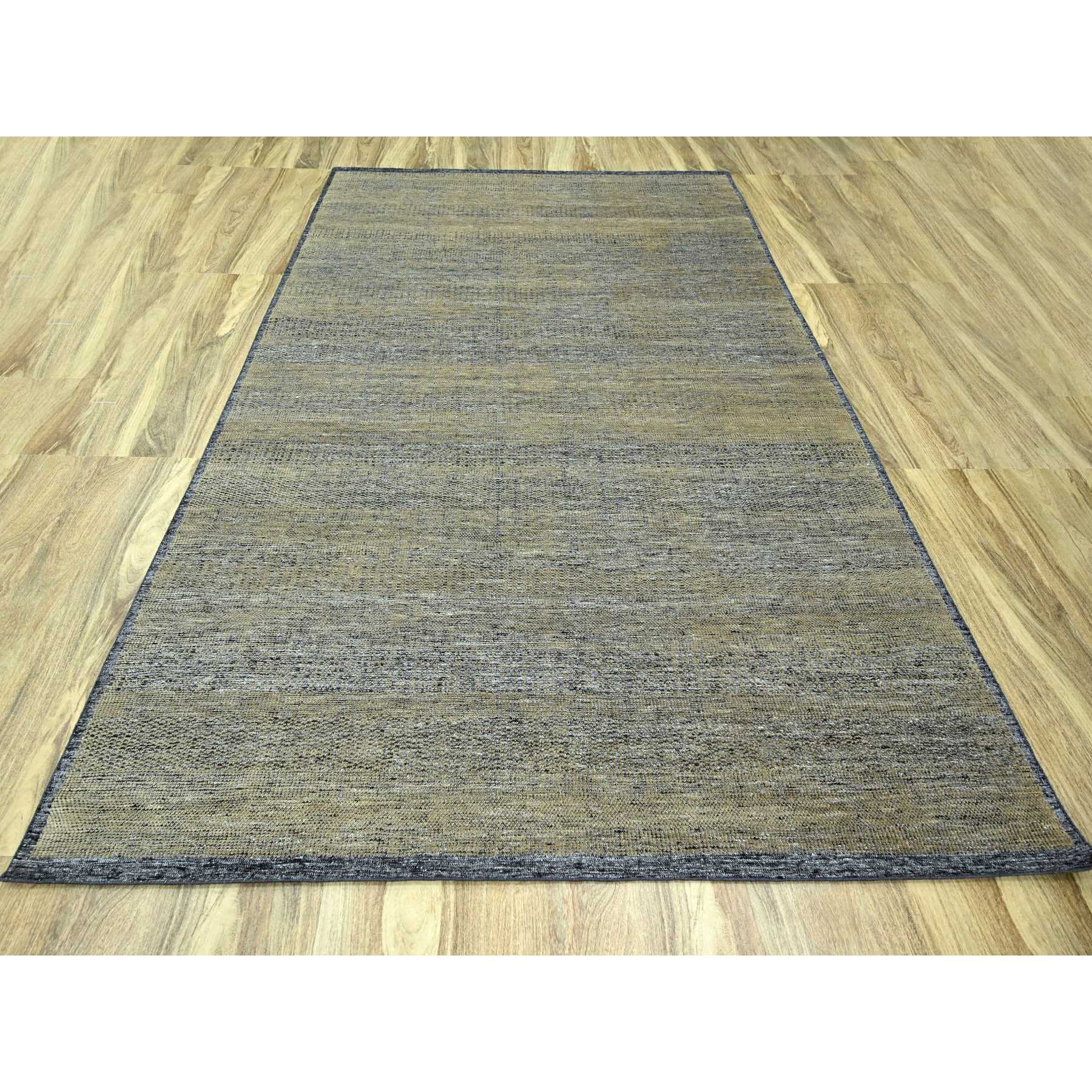 9'1"x12'3" Charcoal Black with Honey Brown, Oxidized and Distressed Grass Design with Exposed Warps, 100% Wool, Hand Knotted, Oriental Rug Sh76271