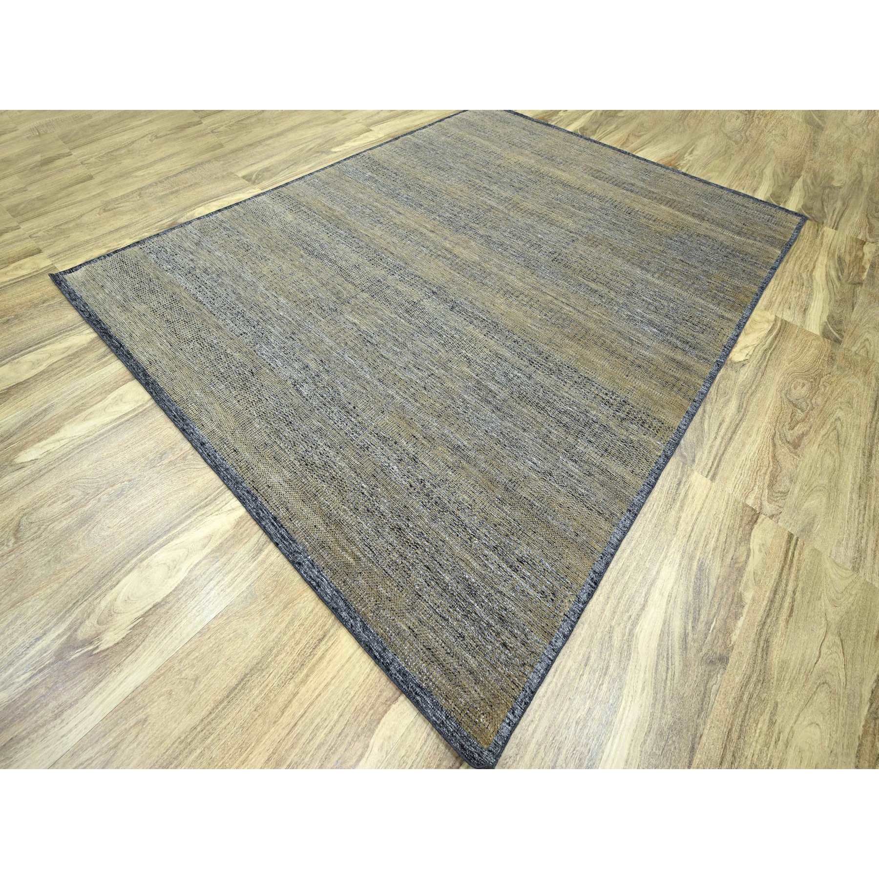 9'1"x12'3" Charcoal Black with Honey Brown, Oxidized and Distressed Grass Design with Exposed Warps, 100% Wool, Hand Knotted, Oriental Rug Sh76271