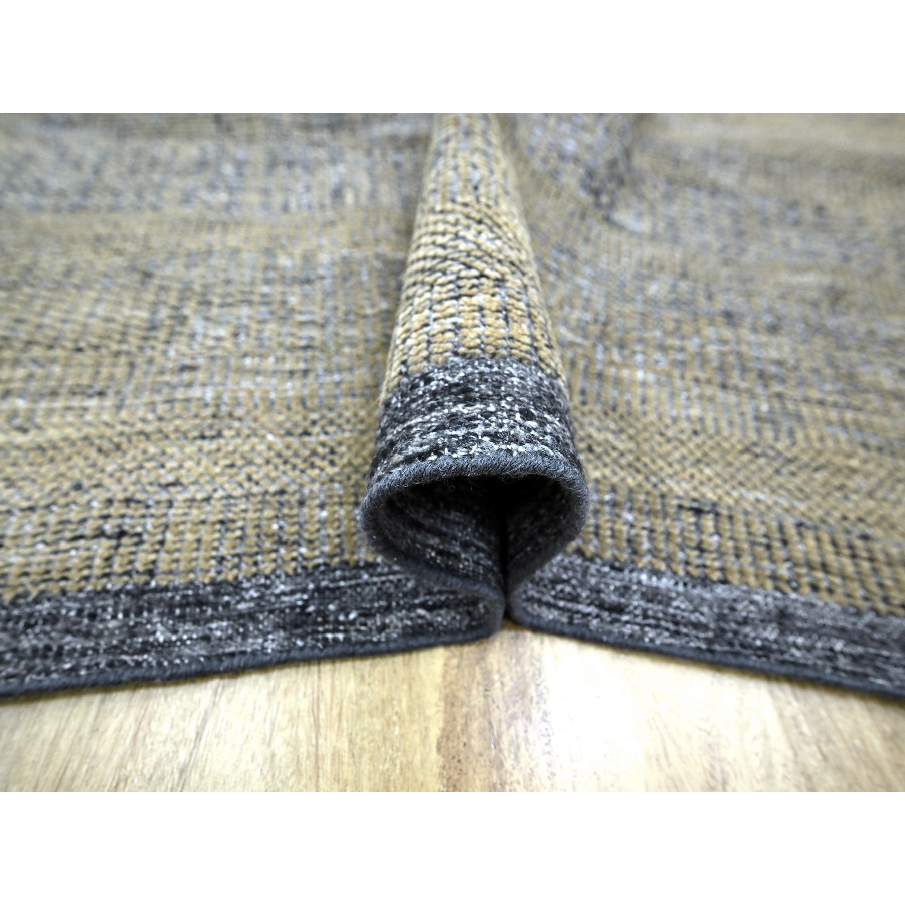9'1"x12'3" Charcoal Black with Honey Brown, Oxidized and Distressed Grass Design with Exposed Warps, 100% Wool, Hand Knotted, Oriental Rug Sh76271