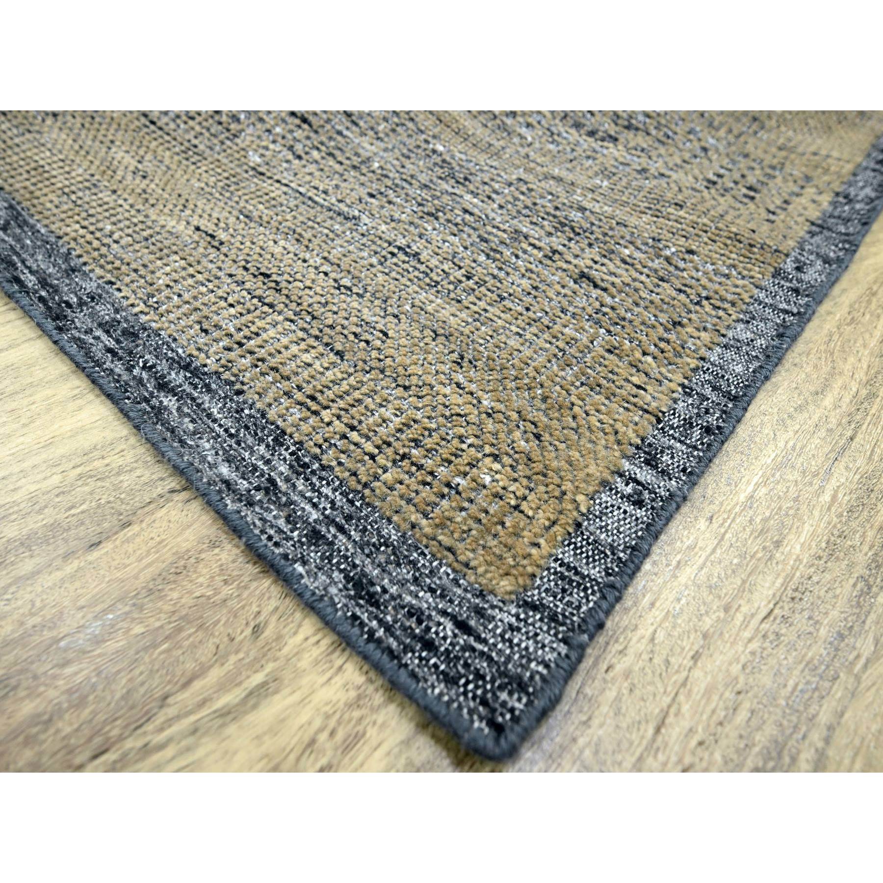 9'1"x12'3" Charcoal Black with Honey Brown, Oxidized and Distressed Grass Design with Exposed Warps, 100% Wool, Hand Knotted, Oriental Rug Sh76271