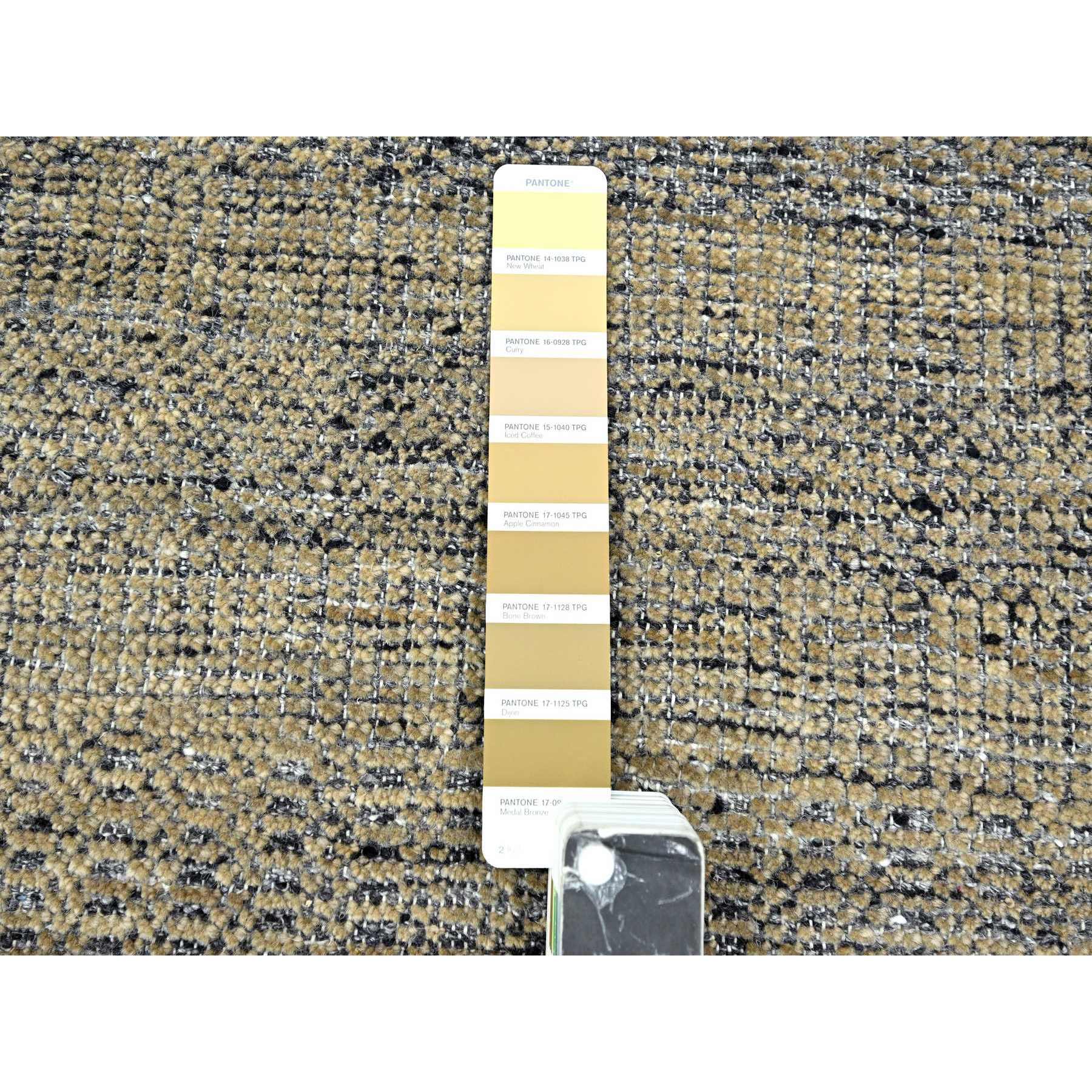 9'1"x12'3" Charcoal Black with Honey Brown, Oxidized and Distressed Grass Design with Exposed Warps, 100% Wool, Hand Knotted, Oriental Rug Sh76271