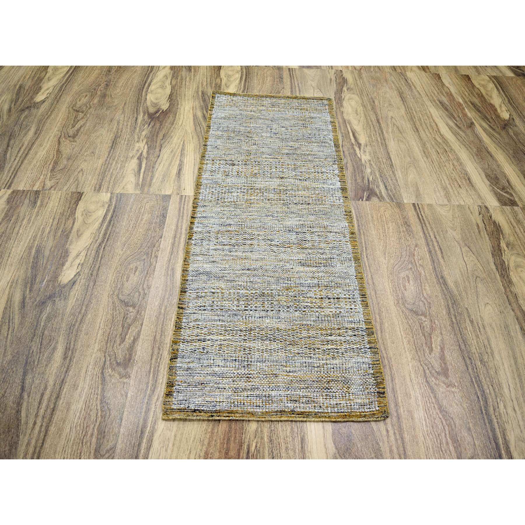 2'8"x6' Daisy White with Golden Yellow, Oxidized and Distressed Grass Design with Exposed Warps, Hand Knotted, 100% Wool, Runner, Oriental Rug Sh76272