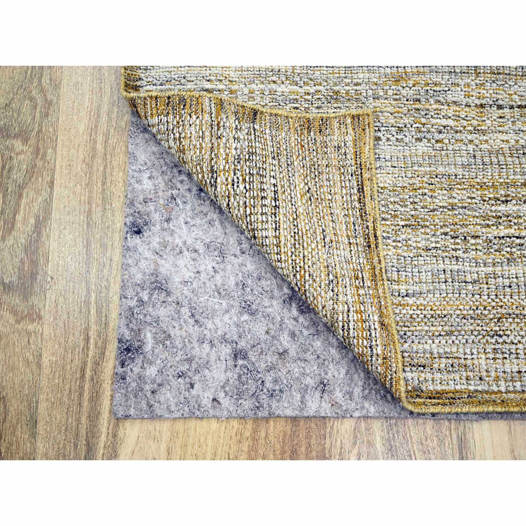 2'8"x6' Daisy White with Golden Yellow, Oxidized and Distressed Grass Design with Exposed Warps, Hand Knotted, 100% Wool, Runner, Oriental Rug Sh76272