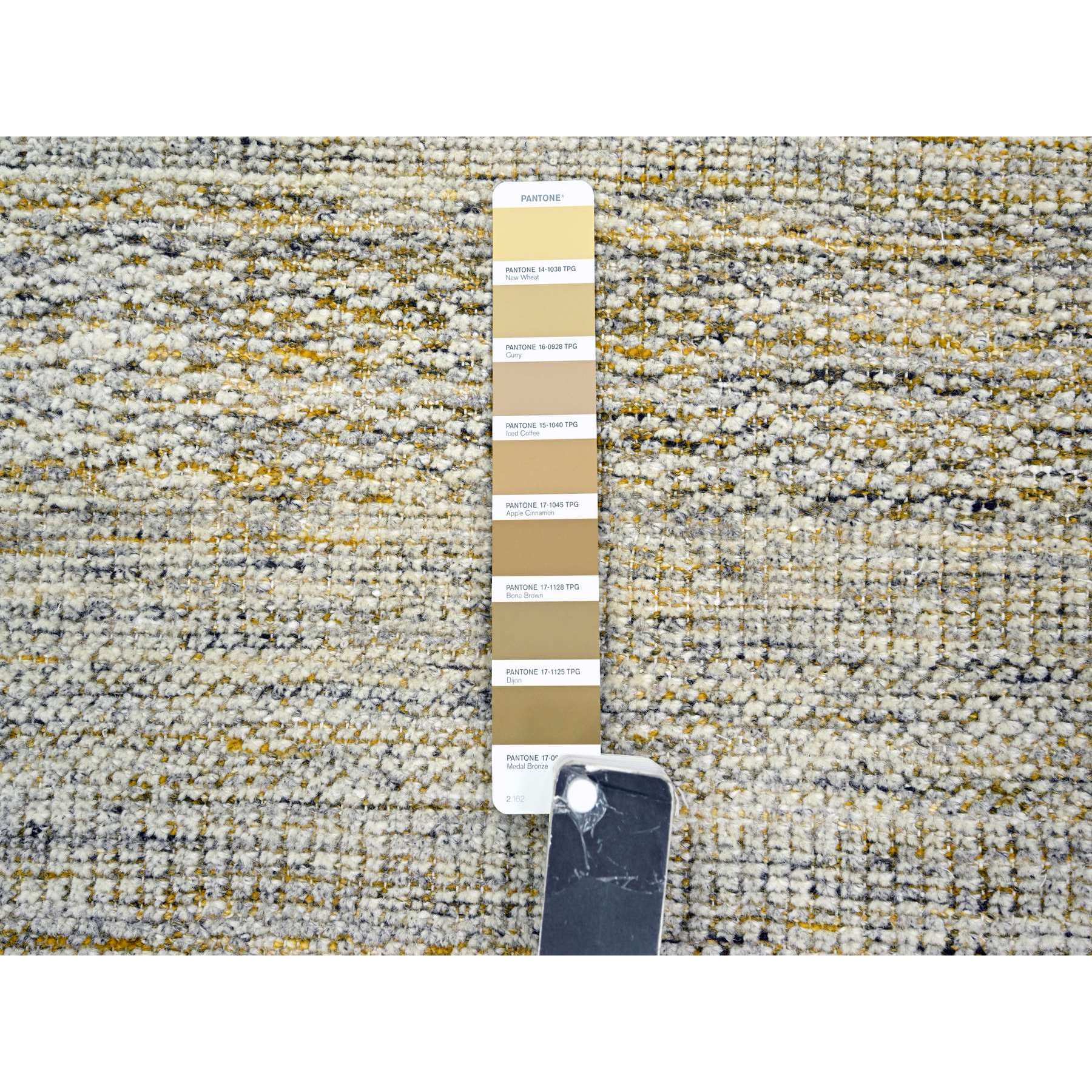 2'8"x6' Daisy White with Golden Yellow, Oxidized and Distressed Grass Design with Exposed Warps, Hand Knotted, 100% Wool, Runner, Oriental Rug Sh76272