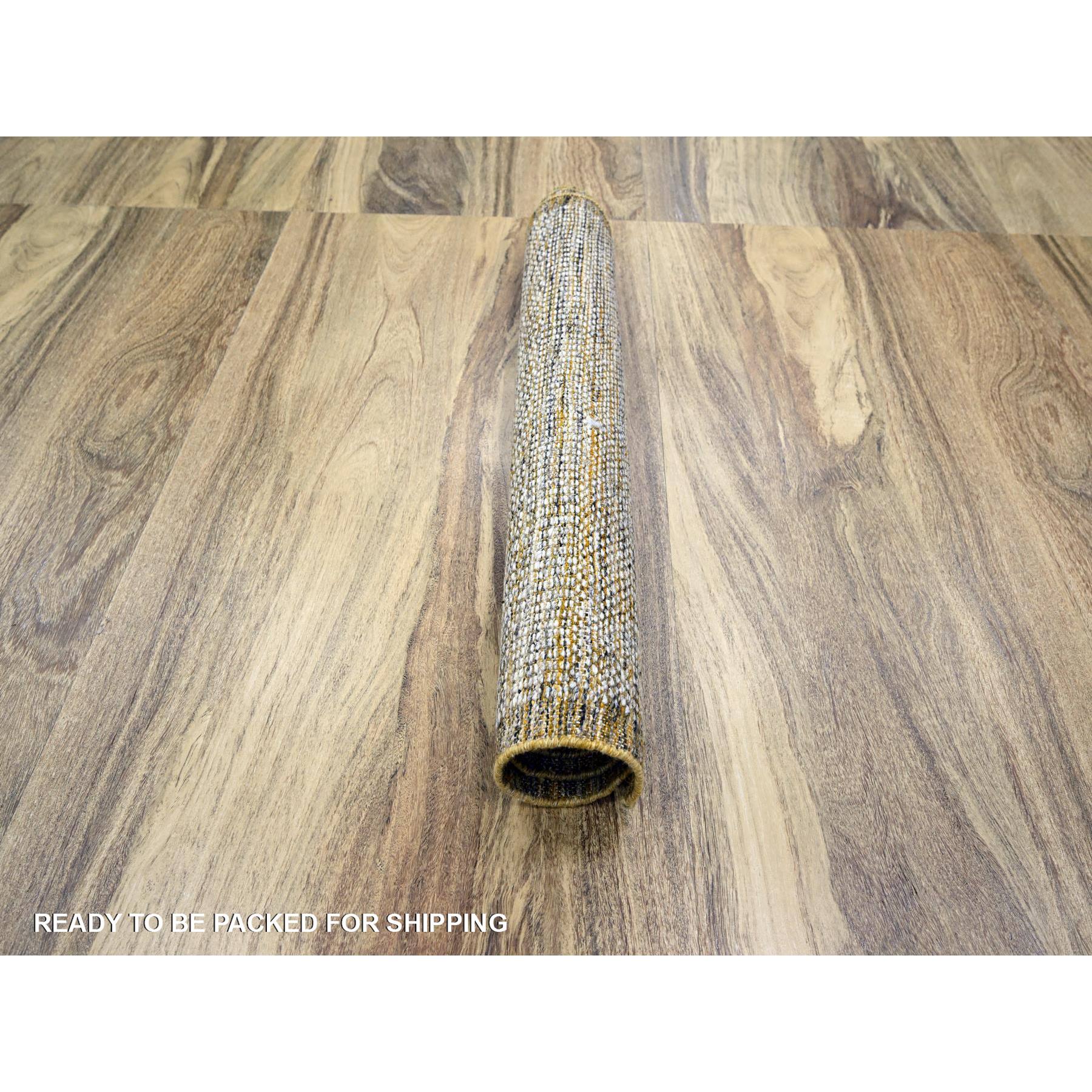 2'8"x6' Daisy White with Golden Yellow, Oxidized and Distressed Grass Design with Exposed Warps, Hand Knotted, 100% Wool, Runner, Oriental Rug Sh76272