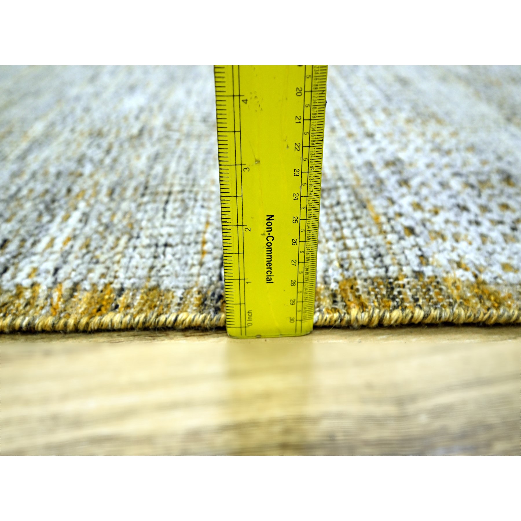 2'8"x6' Daisy White with Golden Yellow, Oxidized and Distressed Grass Design with Exposed Warps, Hand Knotted, 100% Wool, Runner, Oriental Rug Sh76272
