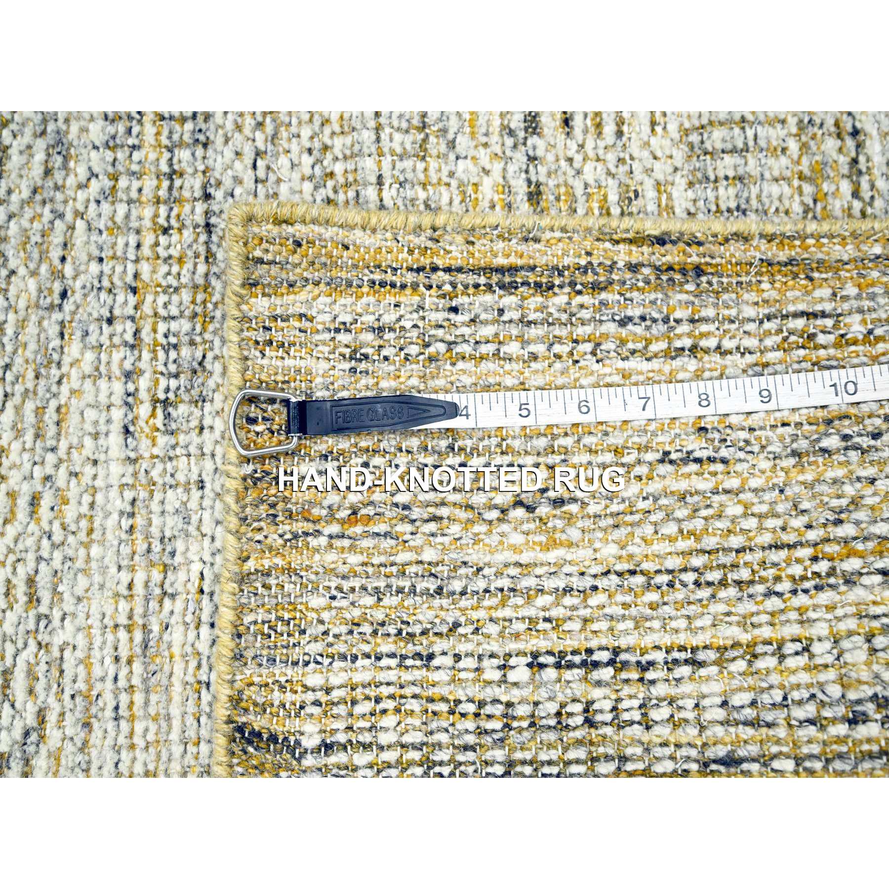 2'8"x6' Daisy White with Golden Yellow, Oxidized and Distressed Grass Design with Exposed Warps, Hand Knotted, 100% Wool, Runner, Oriental Rug Sh76272