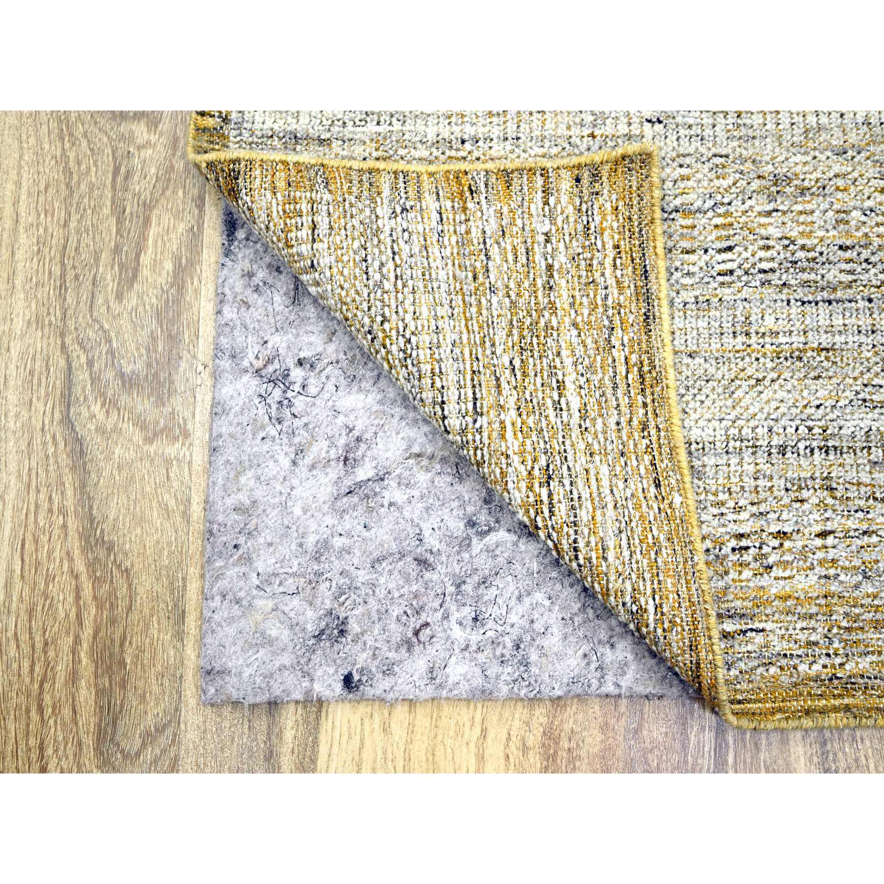2'8"x6' Vista White with Nugget Gold, 100% Wool, Oxidized and Distressed Grass Design with Exposed Warps, Hand Knotted, Runner, Oriental Rug Sh76274