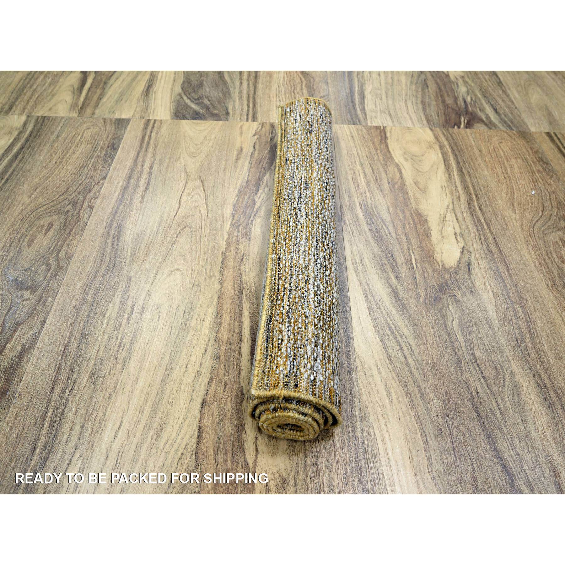 2'8"x6' Vista White with Nugget Gold, 100% Wool, Oxidized and Distressed Grass Design with Exposed Warps, Hand Knotted, Runner, Oriental Rug Sh76274