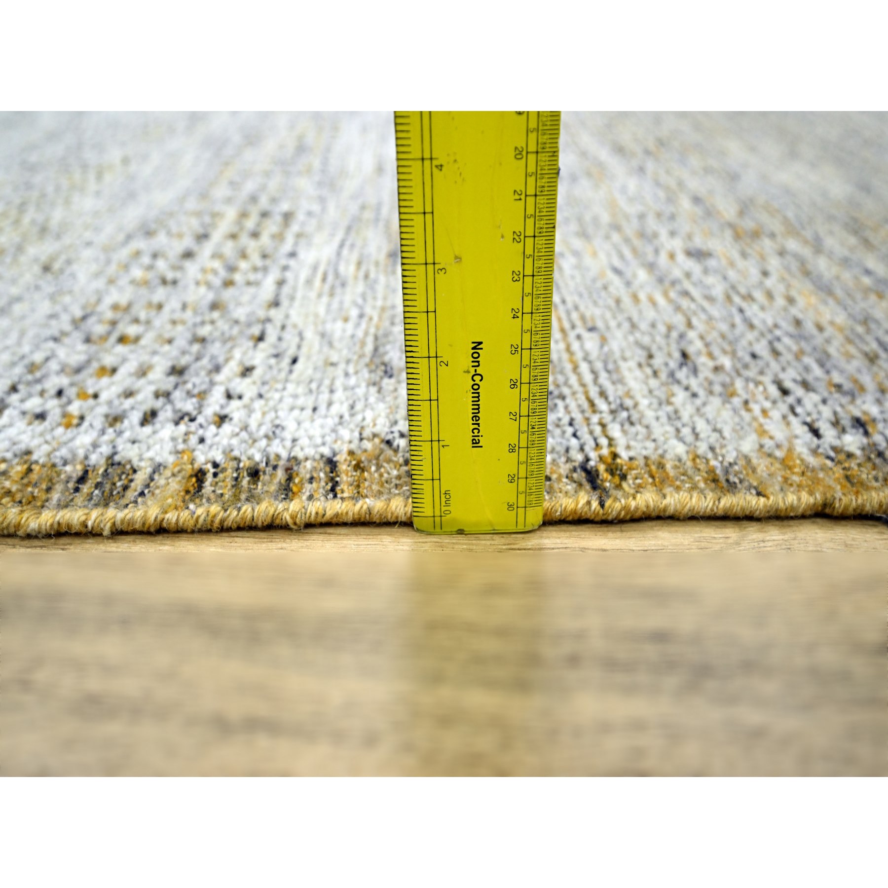 2'8"x6' Vista White with Nugget Gold, 100% Wool, Oxidized and Distressed Grass Design with Exposed Warps, Hand Knotted, Runner, Oriental Rug Sh76274