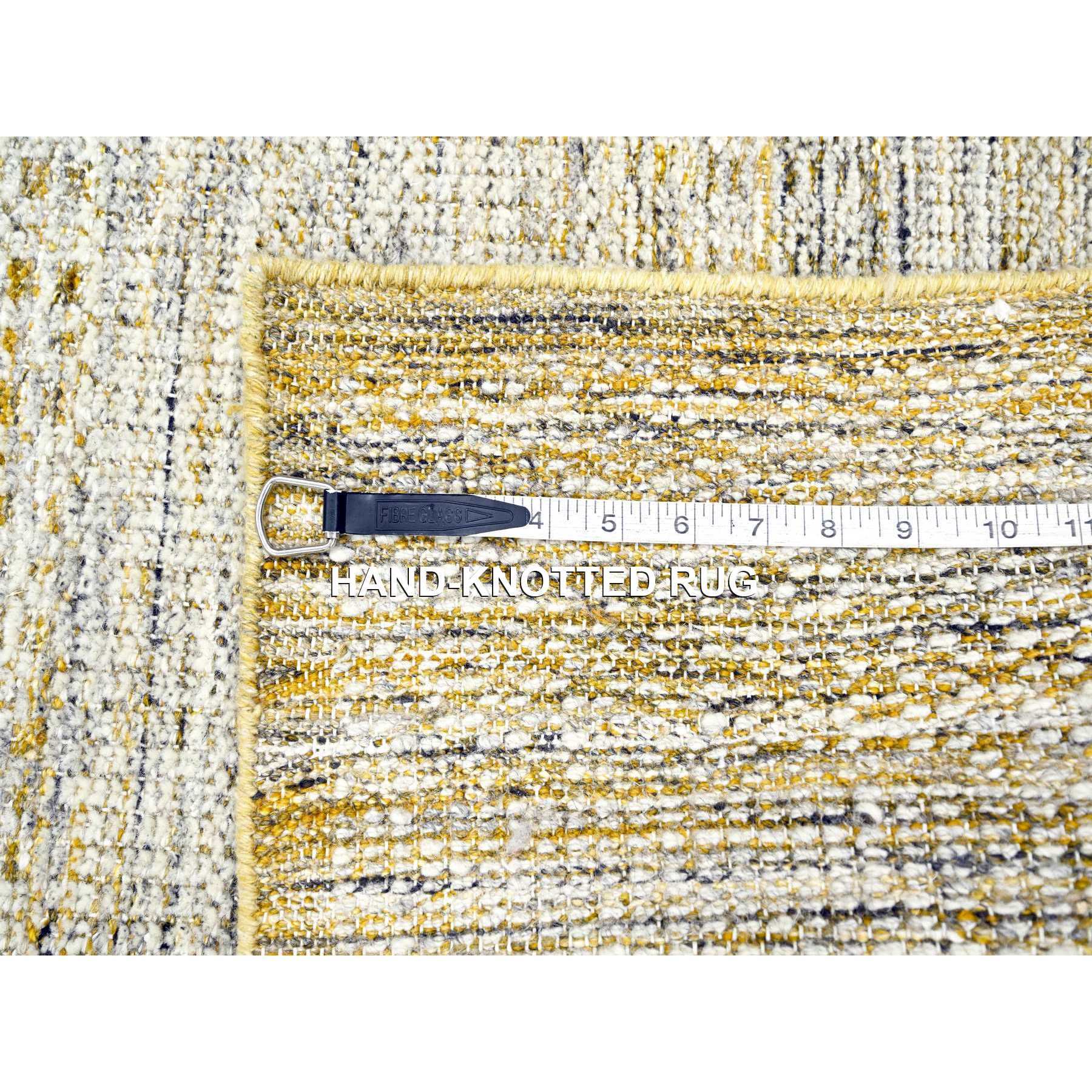 2'8"x6' Vista White with Nugget Gold, 100% Wool, Oxidized and Distressed Grass Design with Exposed Warps, Hand Knotted, Runner, Oriental Rug Sh76274