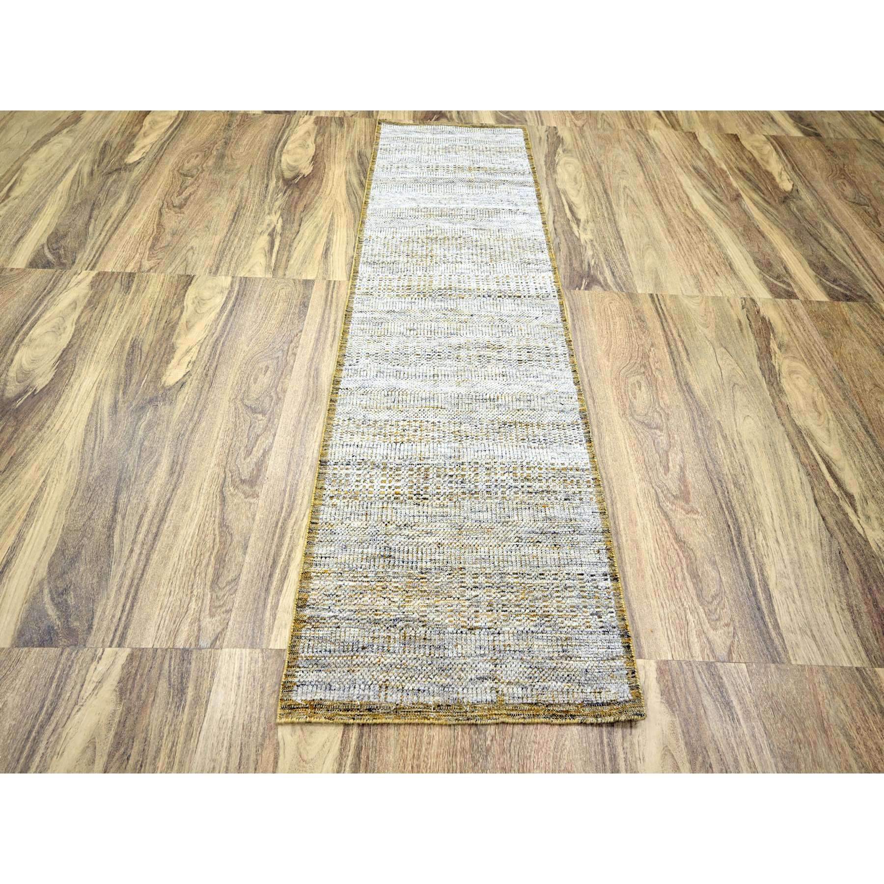 2'8"x8'2" Daisy White with Golden Yellow, Hand Knotted, Oxidized and Distressed Grass Design with Exposed Warps, 100% Wool, Runner, Oriental Rug Sh76275