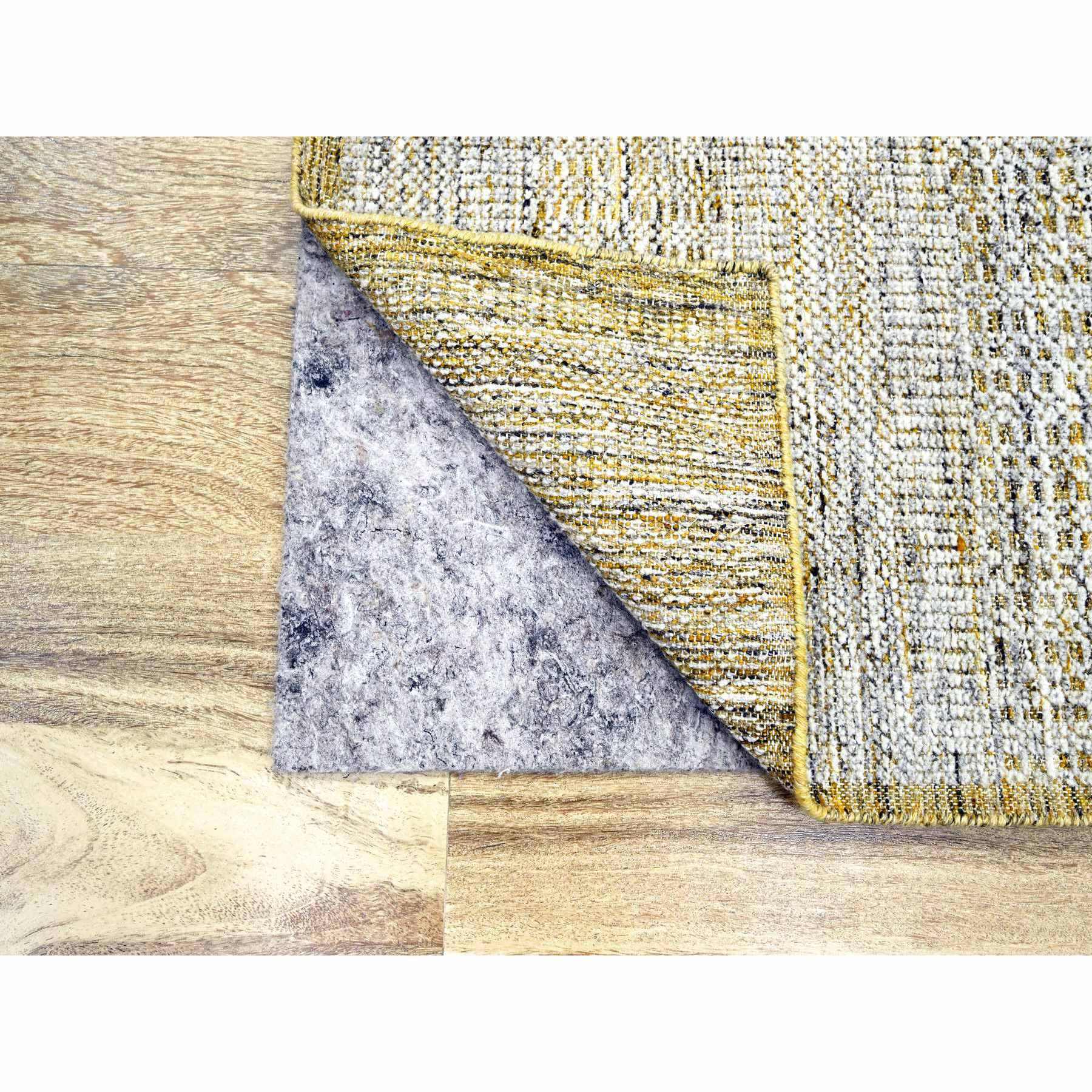 2'8"x8'2" Daisy White with Golden Yellow, Hand Knotted, Oxidized and Distressed Grass Design with Exposed Warps, 100% Wool, Runner, Oriental Rug Sh76275