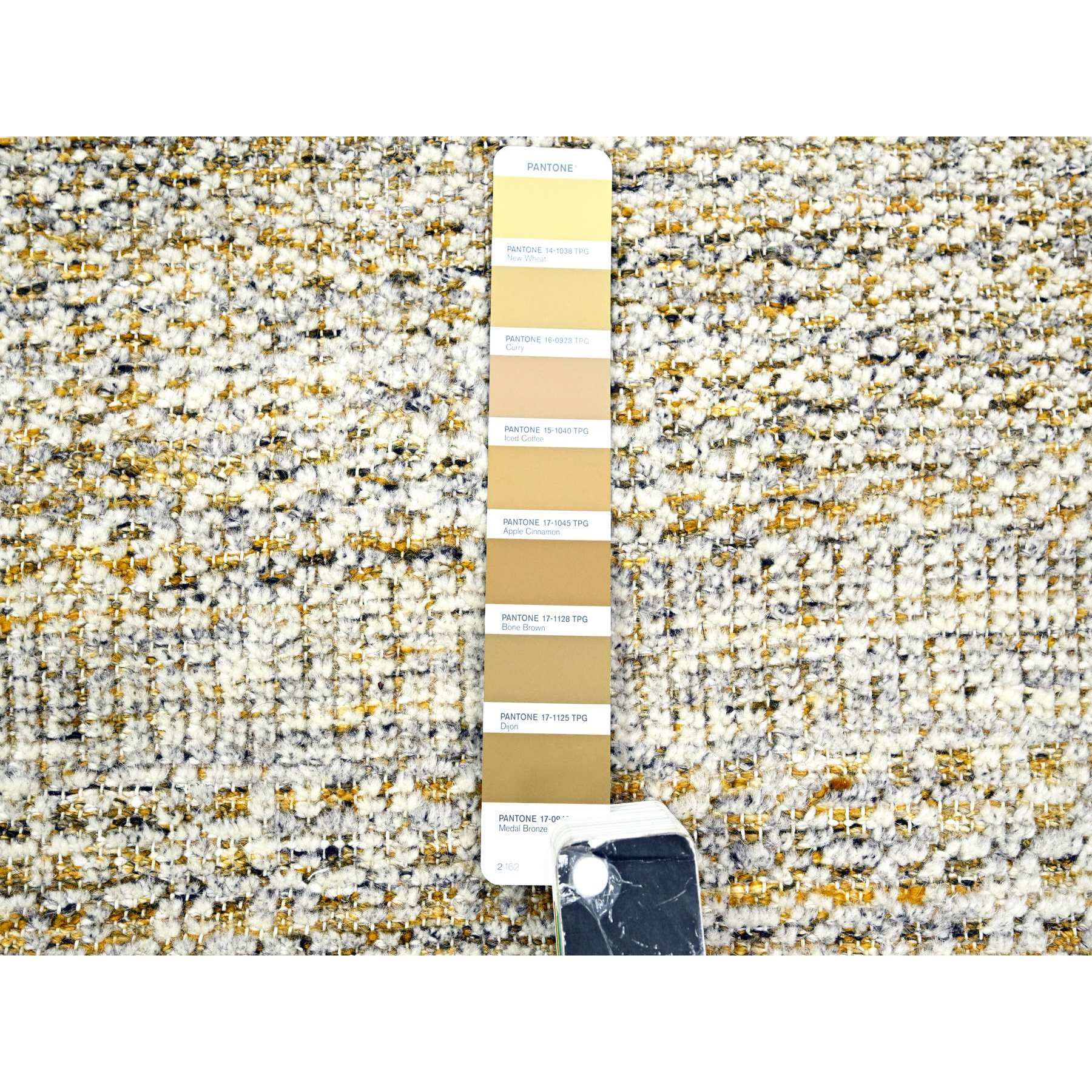 2'8"x8'2" Daisy White with Golden Yellow, Hand Knotted, Oxidized and Distressed Grass Design with Exposed Warps, 100% Wool, Runner, Oriental Rug Sh76275