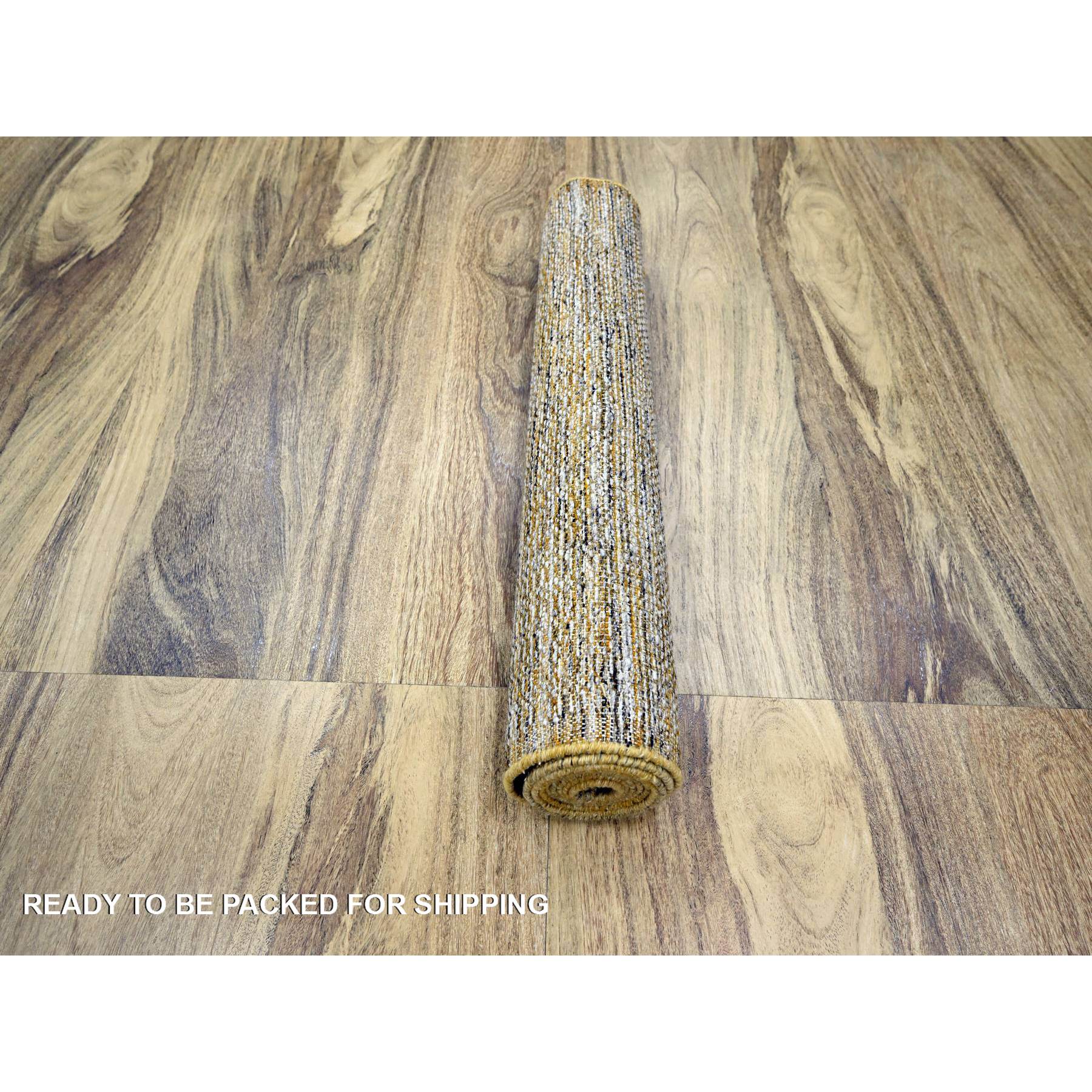 2'8"x8'2" Daisy White with Golden Yellow, Hand Knotted, Oxidized and Distressed Grass Design with Exposed Warps, 100% Wool, Runner, Oriental Rug Sh76275