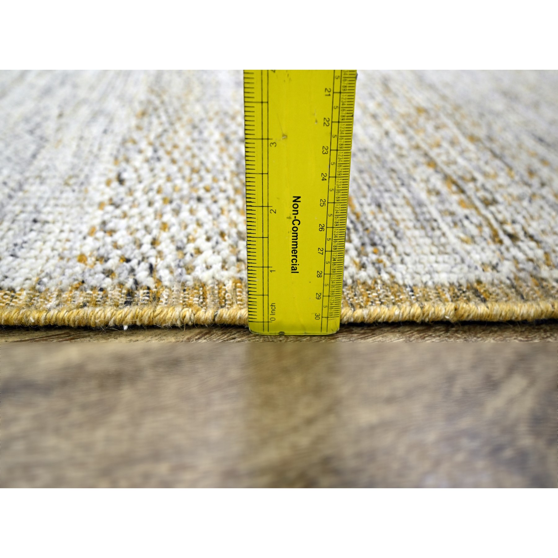 2'8"x8'2" Daisy White with Golden Yellow, Hand Knotted, Oxidized and Distressed Grass Design with Exposed Warps, 100% Wool, Runner, Oriental Rug Sh76275