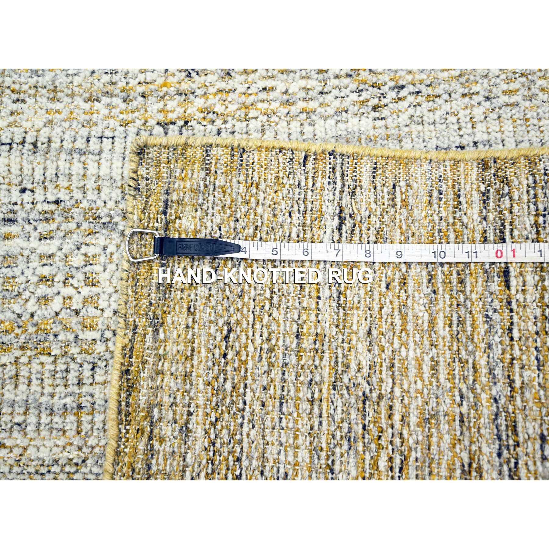 2'8"x8'2" Daisy White with Golden Yellow, Hand Knotted, Oxidized and Distressed Grass Design with Exposed Warps, 100% Wool, Runner, Oriental Rug Sh76275