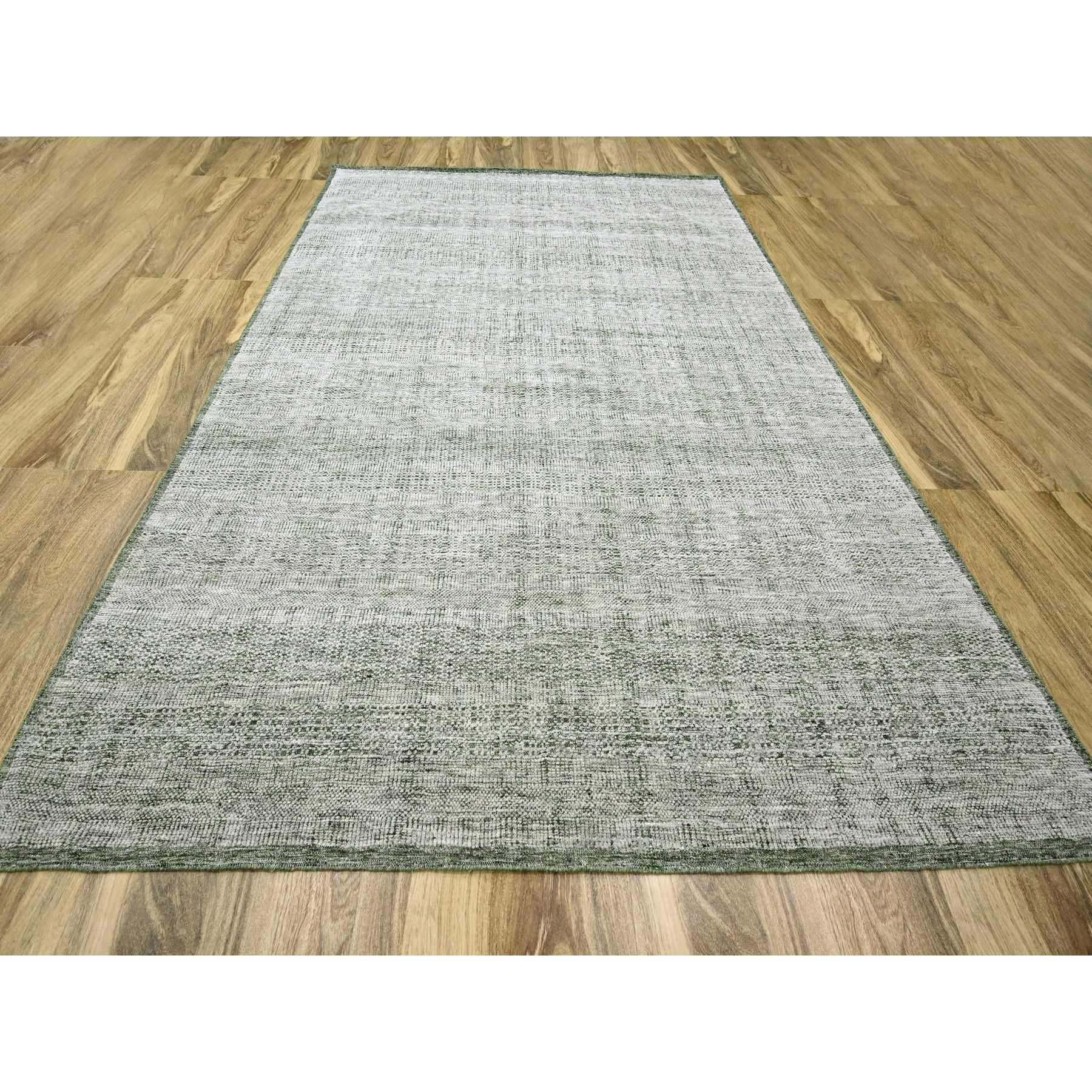 9'x12'1" Powder White with Seaweed Green, Oxidized and Distressed Grass Design with Exposed Warps, 100% Wool, Hand Knotted, Oriental Rug Sh76276