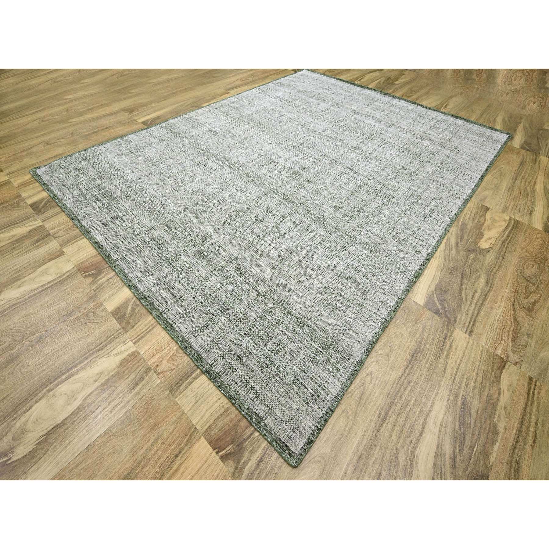 9'x12'1" Powder White with Seaweed Green, Oxidized and Distressed Grass Design with Exposed Warps, 100% Wool, Hand Knotted, Oriental Rug Sh76276