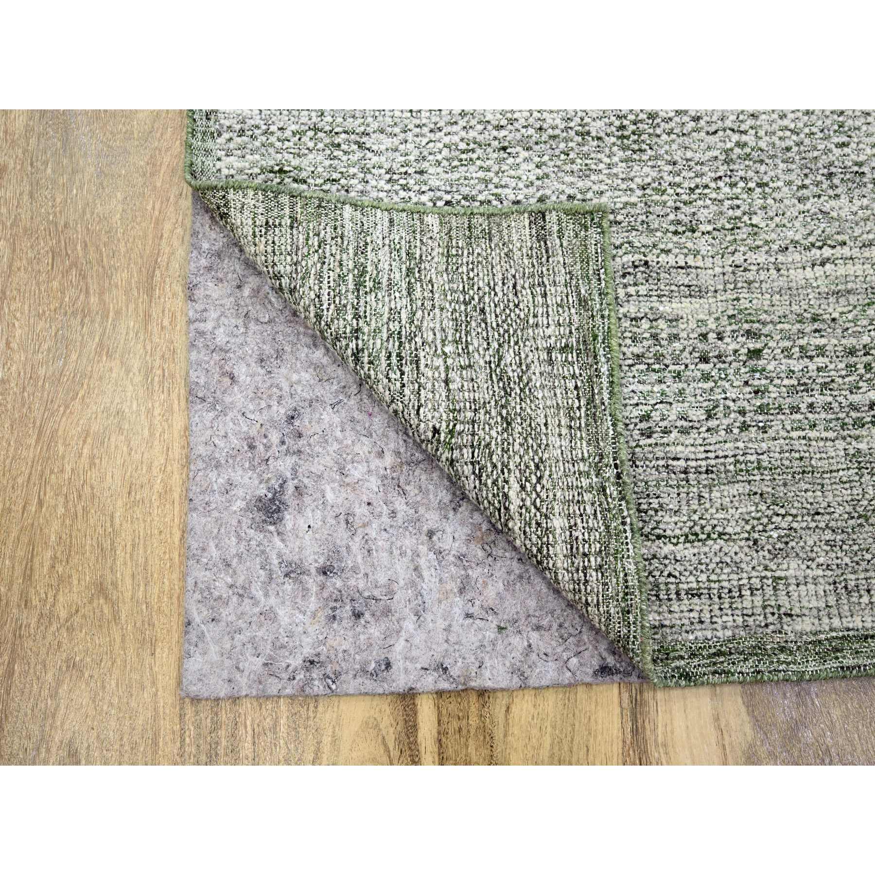 9'x12'1" Powder White with Seaweed Green, Oxidized and Distressed Grass Design with Exposed Warps, 100% Wool, Hand Knotted, Oriental Rug Sh76276