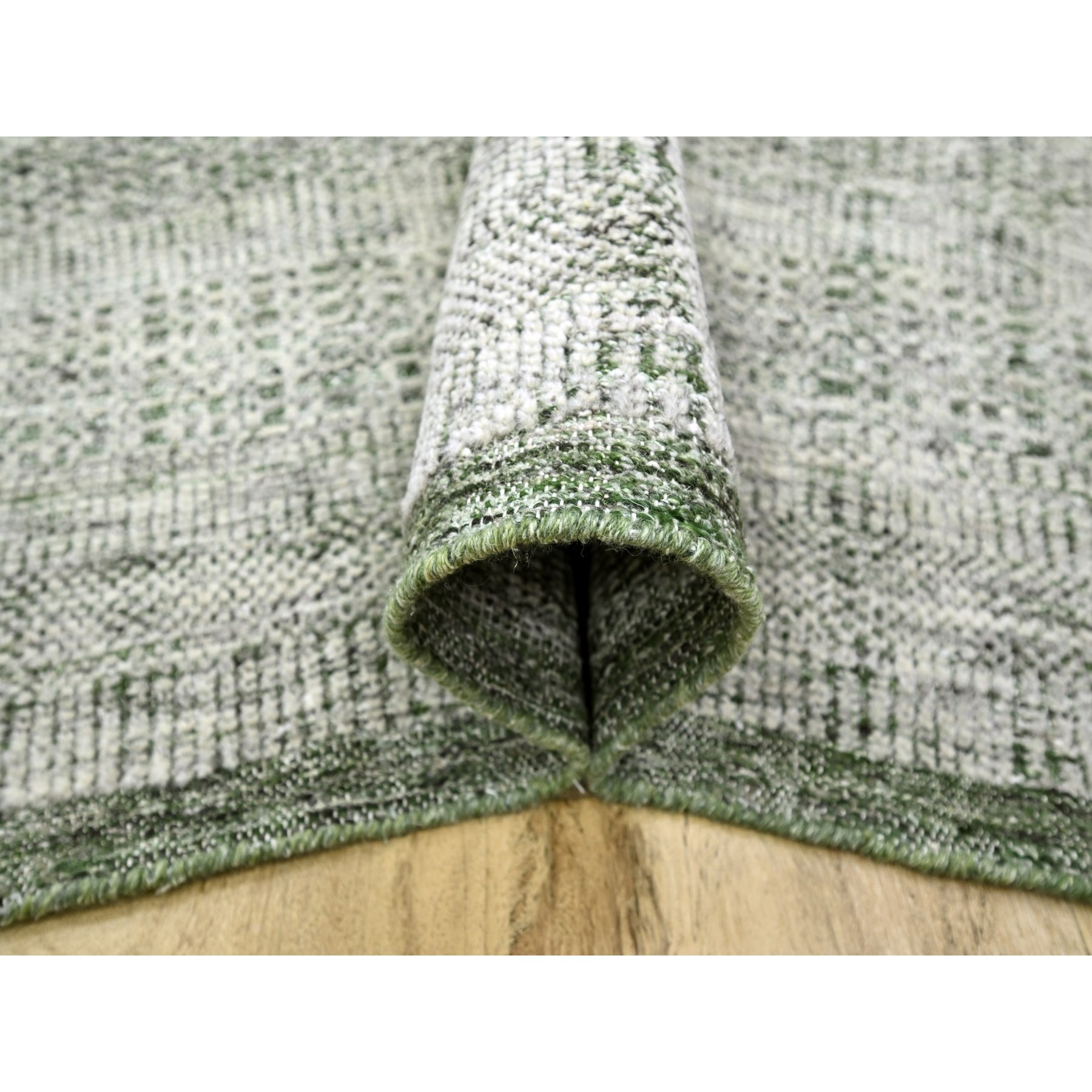 9'x12'1" Powder White with Seaweed Green, Oxidized and Distressed Grass Design with Exposed Warps, 100% Wool, Hand Knotted, Oriental Rug Sh76276