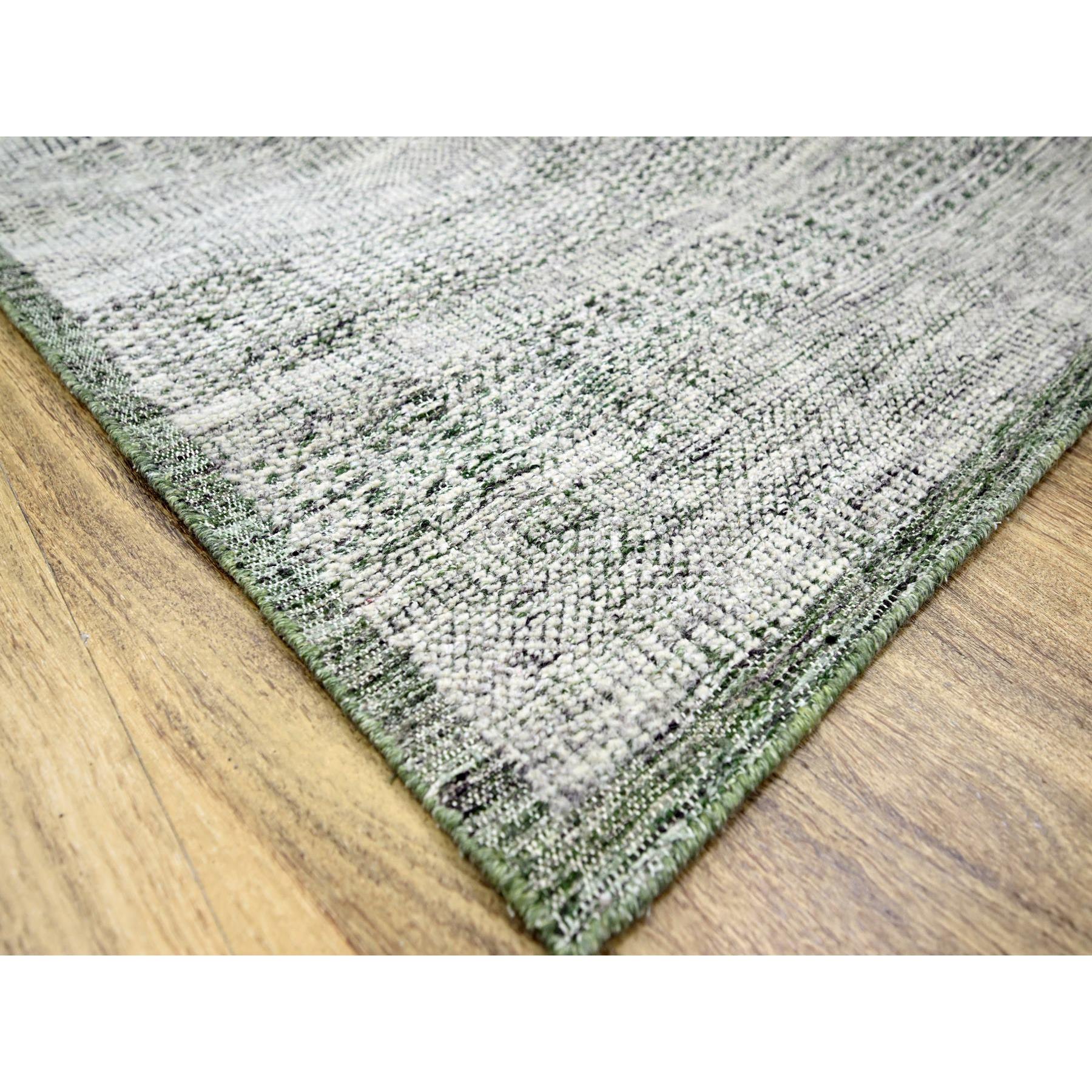 9'x12'1" Powder White with Seaweed Green, Oxidized and Distressed Grass Design with Exposed Warps, 100% Wool, Hand Knotted, Oriental Rug Sh76276