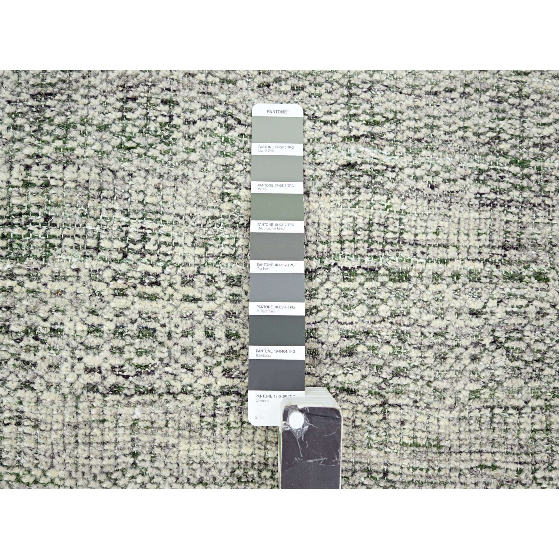 9'x12'1" Powder White with Seaweed Green, Oxidized and Distressed Grass Design with Exposed Warps, 100% Wool, Hand Knotted, Oriental Rug Sh76276