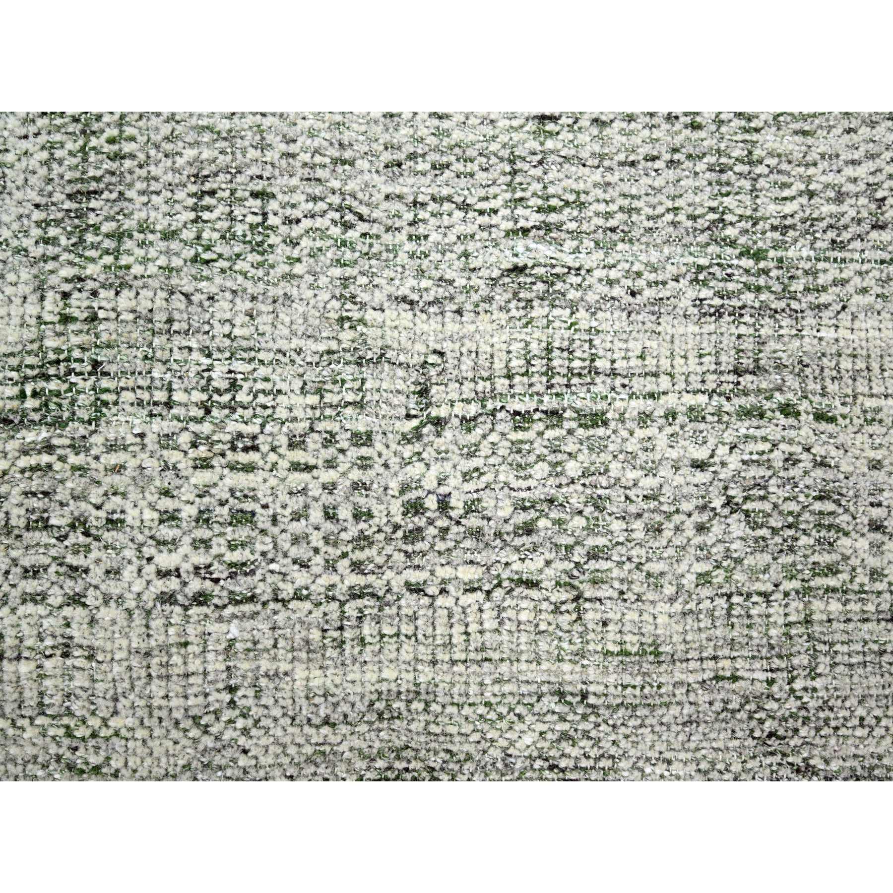 9'x12'1" Powder White with Seaweed Green, Oxidized and Distressed Grass Design with Exposed Warps, 100% Wool, Hand Knotted, Oriental Rug Sh76276