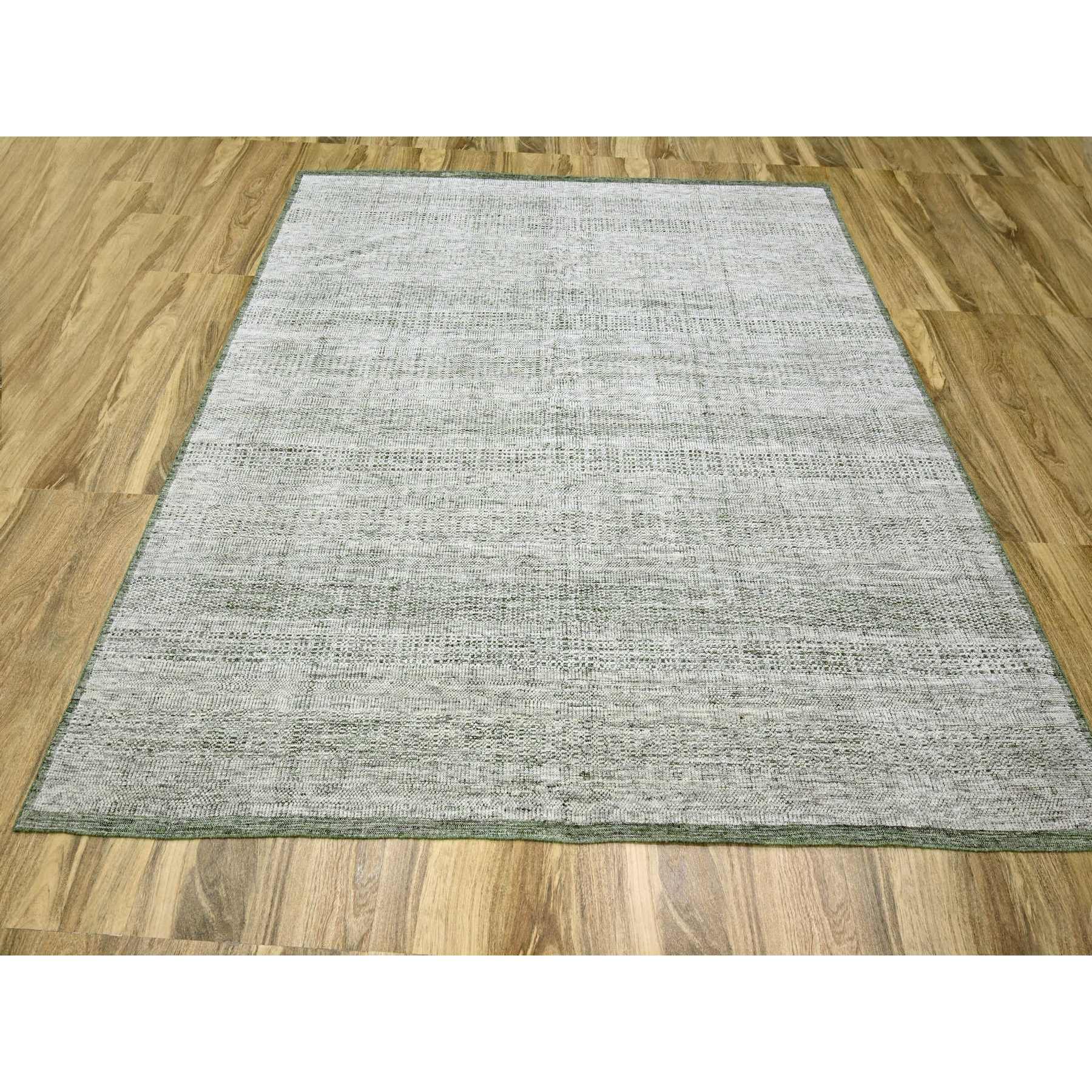 10'2"x10'2" Pine Green with Vista White, Oxidized and Distressed Grass Design with Exposed Warps, Pure Wool, Hand Knotted, Square, Oriental Rug Sh76279
