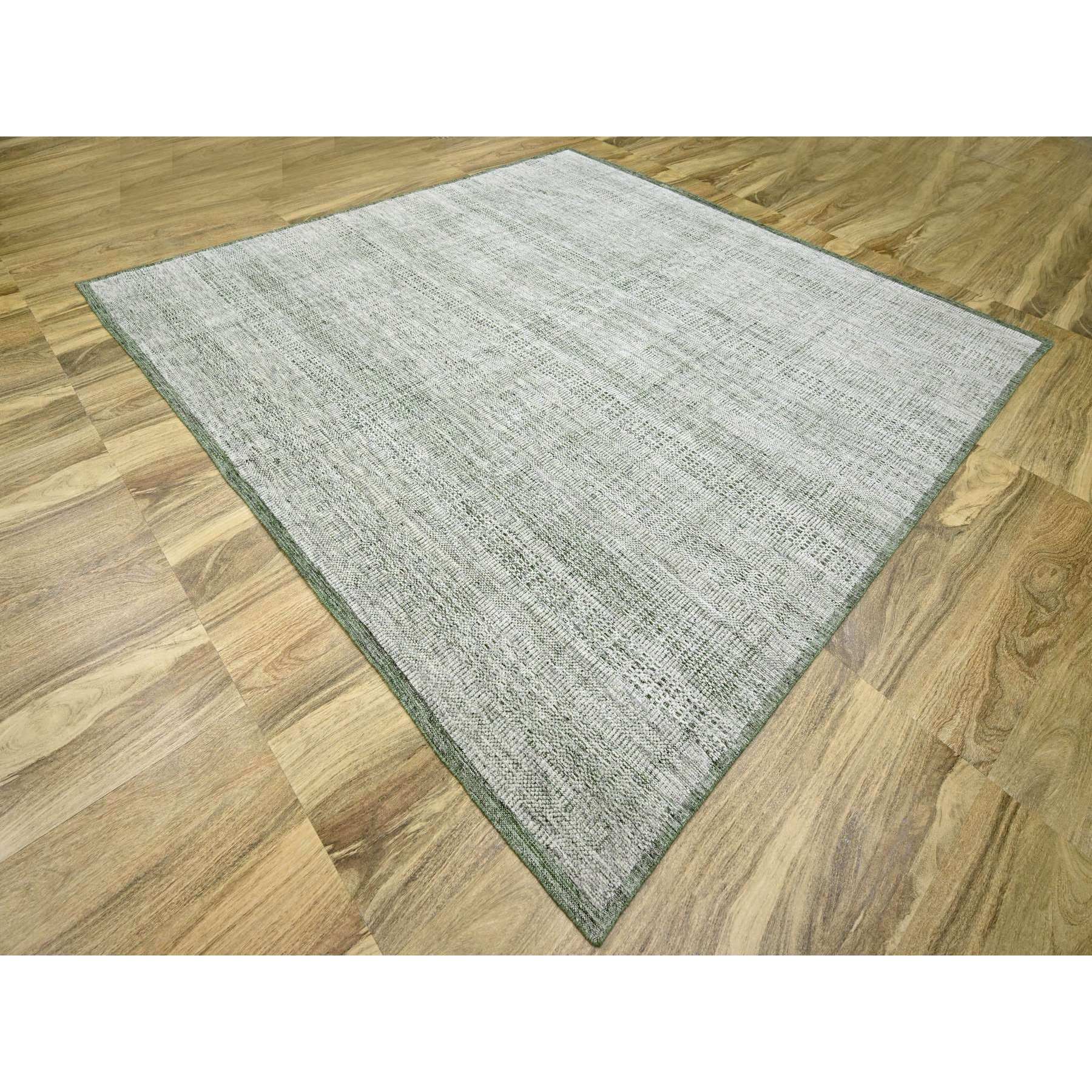 10'2"x10'2" Pine Green with Vista White, Oxidized and Distressed Grass Design with Exposed Warps, Pure Wool, Hand Knotted, Square, Oriental Rug Sh76279