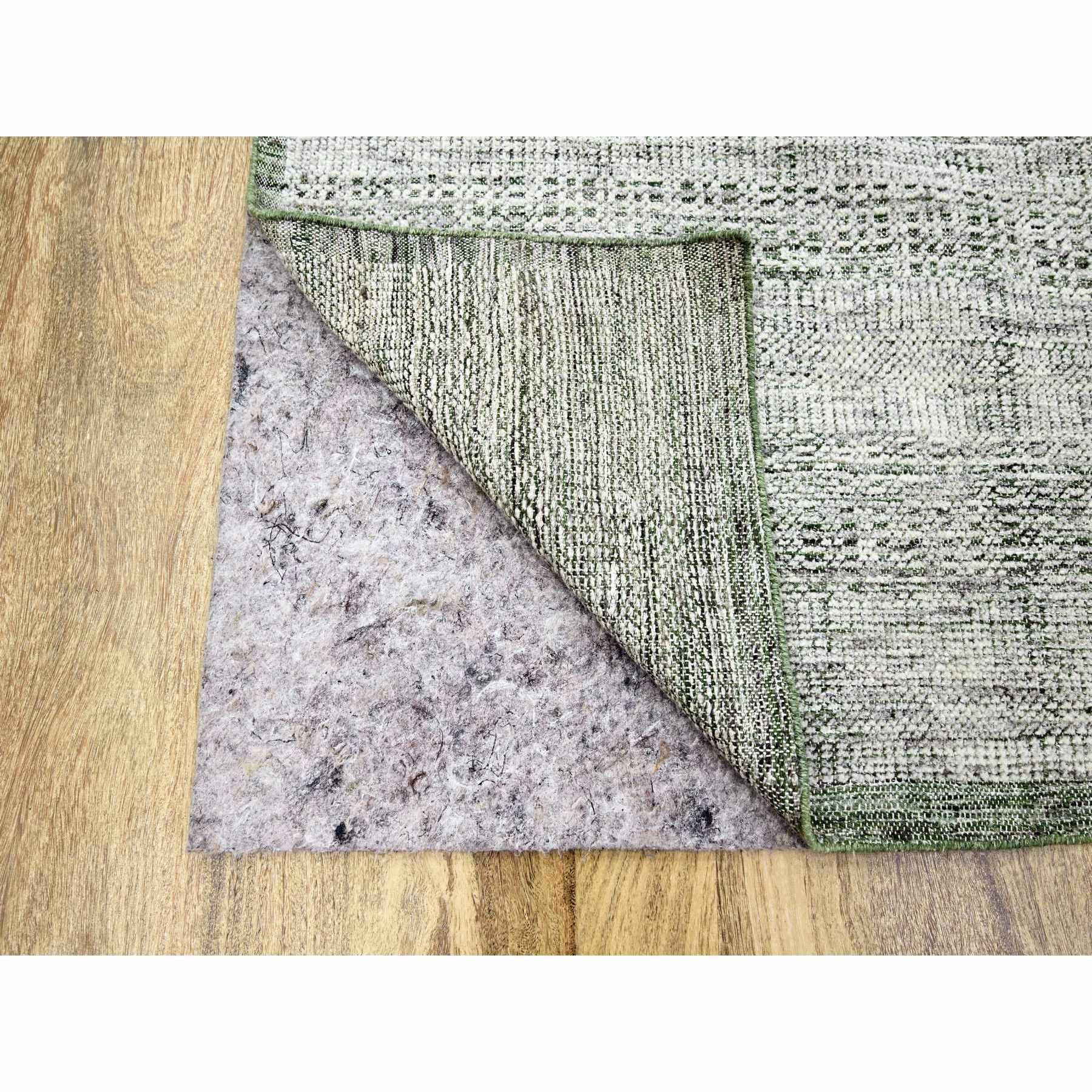 10'2"x10'2" Pine Green with Vista White, Oxidized and Distressed Grass Design with Exposed Warps, Pure Wool, Hand Knotted, Square, Oriental Rug Sh76279