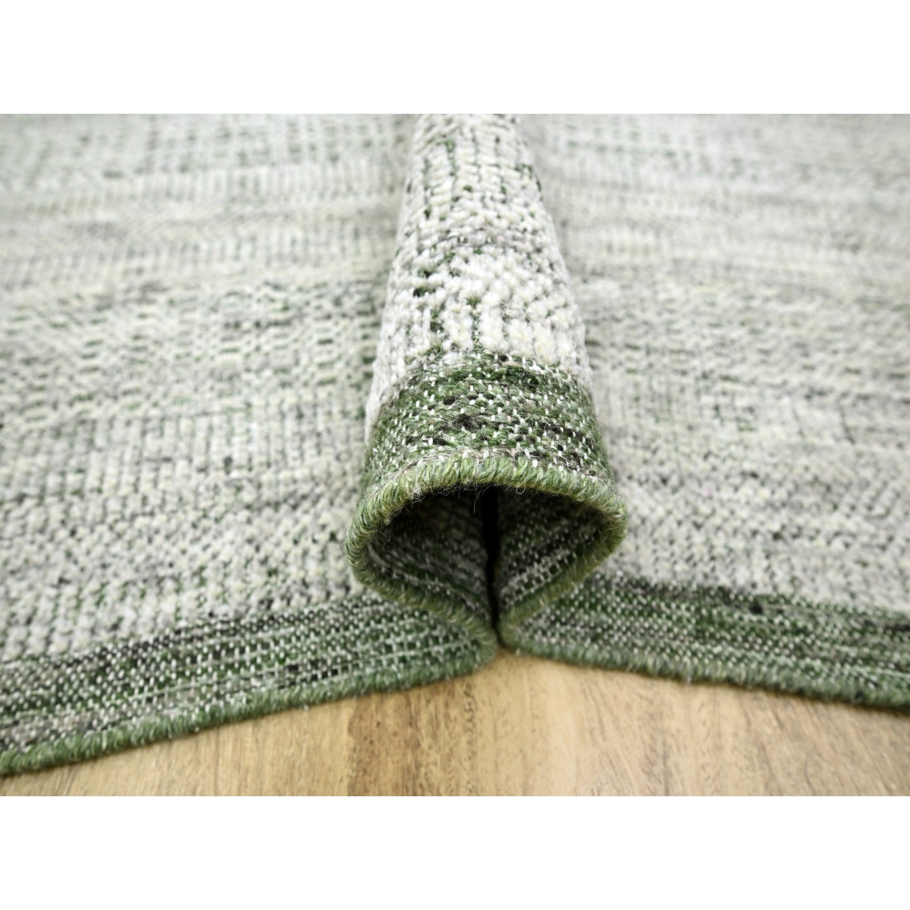10'2"x10'2" Pine Green with Vista White, Oxidized and Distressed Grass Design with Exposed Warps, Pure Wool, Hand Knotted, Square, Oriental Rug Sh76279