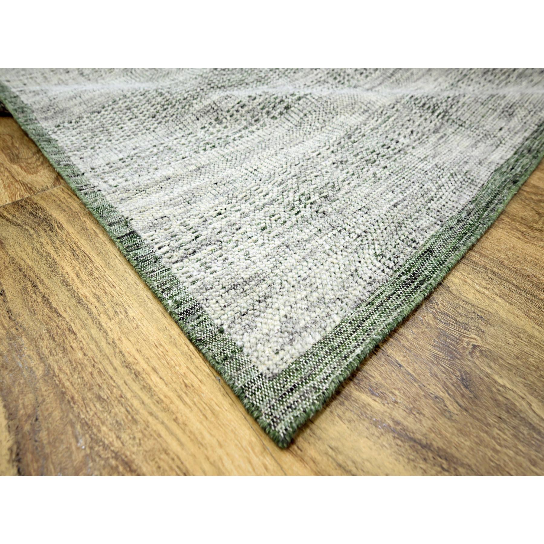 10'2"x10'2" Pine Green with Vista White, Oxidized and Distressed Grass Design with Exposed Warps, Pure Wool, Hand Knotted, Square, Oriental Rug Sh76279
