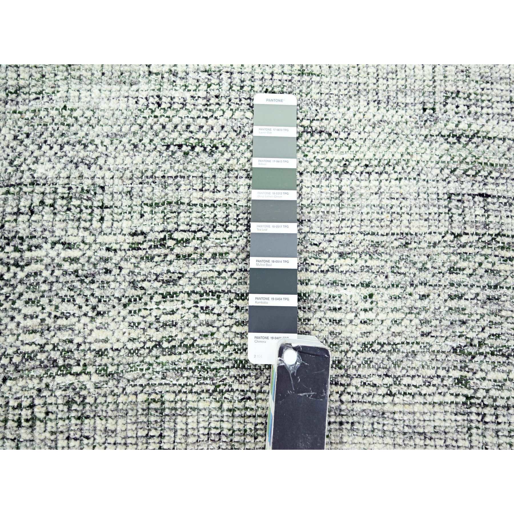 10'2"x10'2" Pine Green with Vista White, Oxidized and Distressed Grass Design with Exposed Warps, Pure Wool, Hand Knotted, Square, Oriental Rug Sh76279