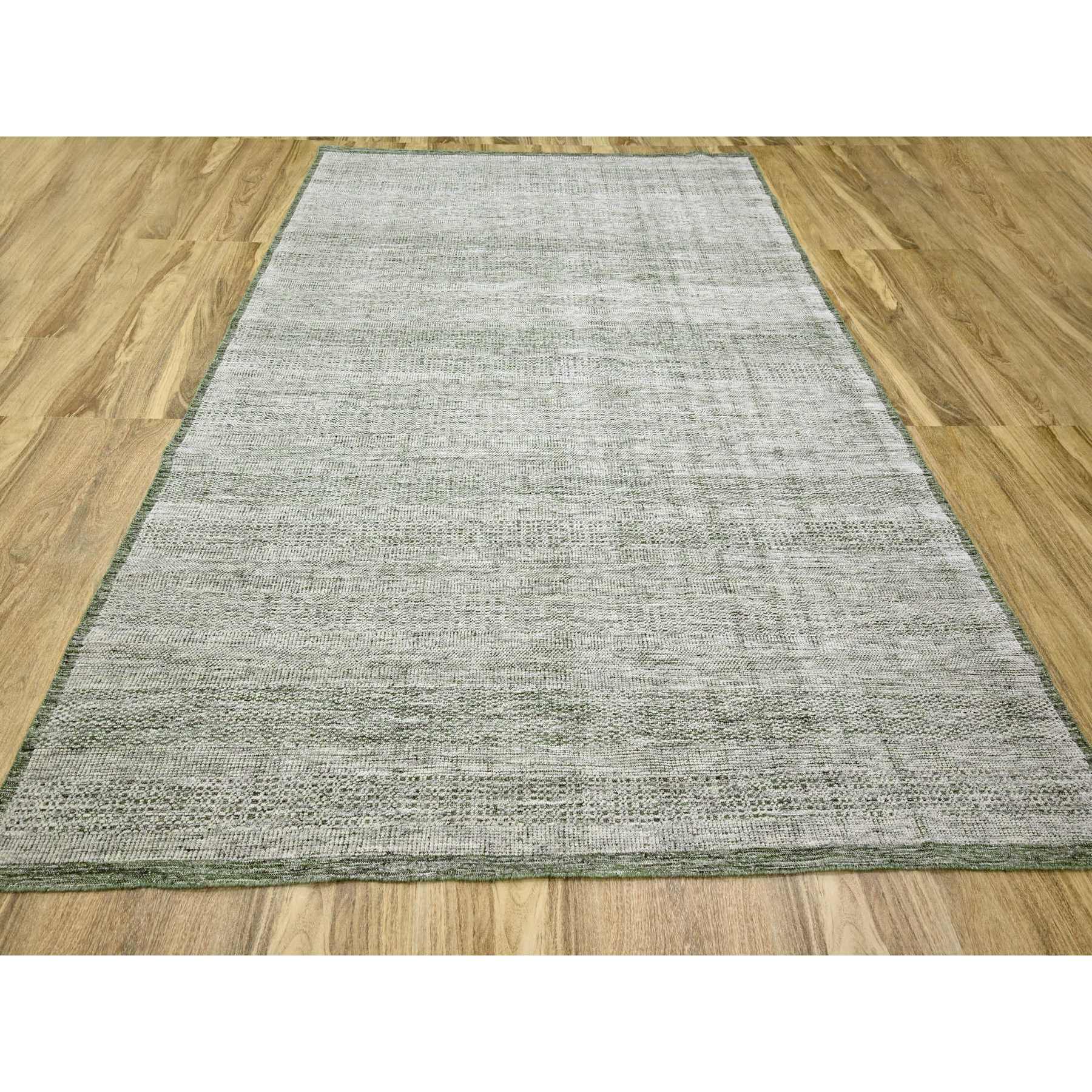 9'x11'10" Daisy White with Basil Green, Oxidized and Distressed Grass Design with Exposed Warps, 100% Wool, Hand Knotted, Oriental Rug Sh76280
