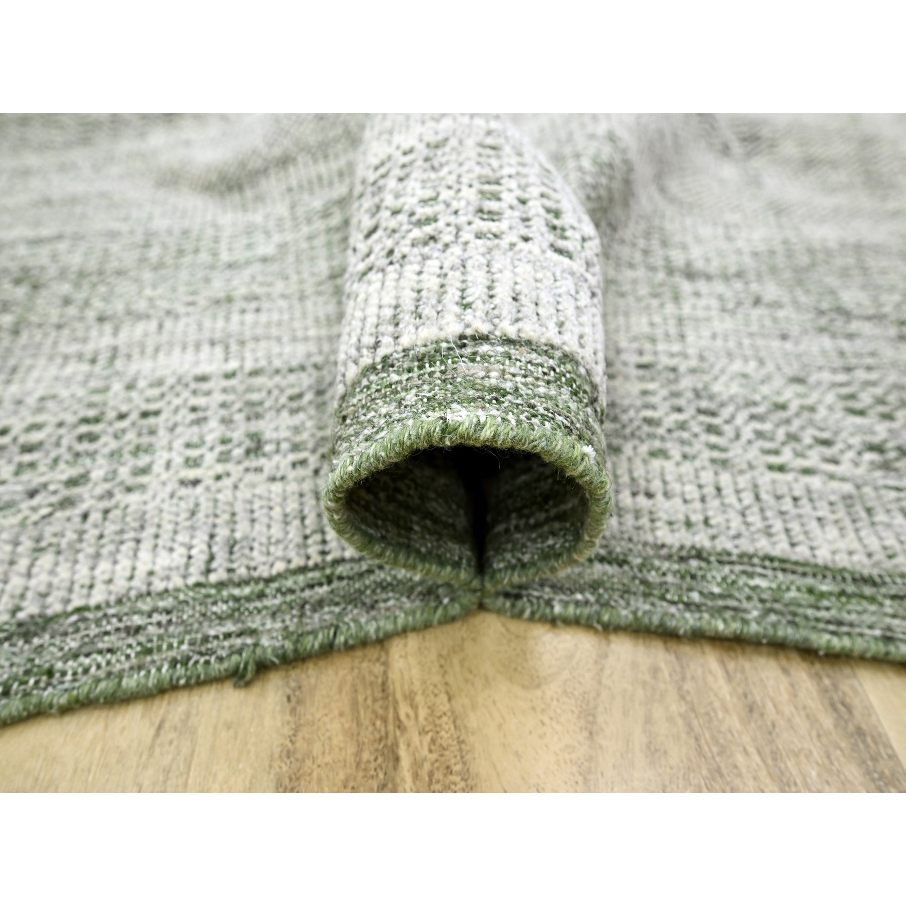 9'x11'10" Daisy White with Basil Green, Oxidized and Distressed Grass Design with Exposed Warps, 100% Wool, Hand Knotted, Oriental Rug Sh76280