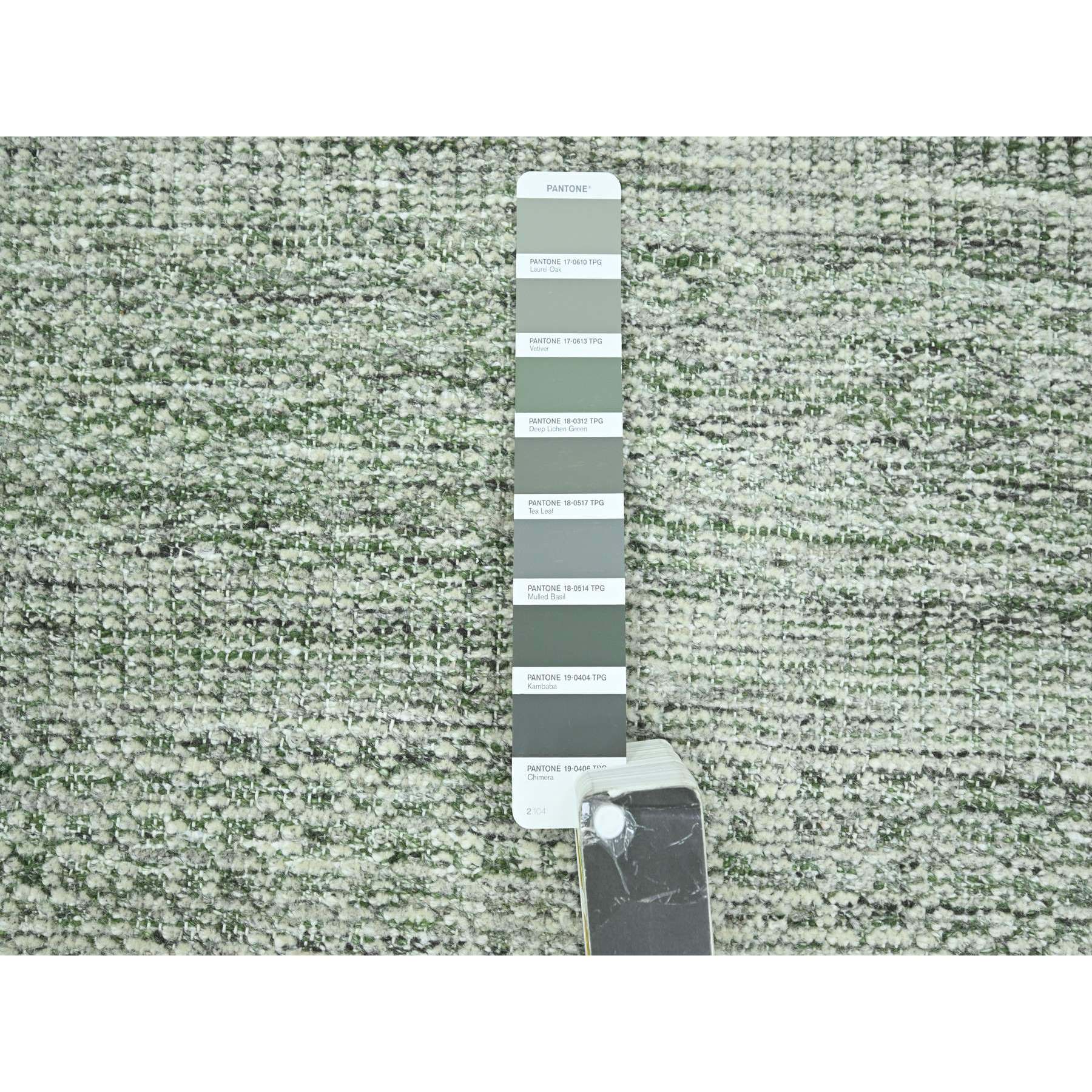 9'x11'10" Daisy White with Basil Green, Oxidized and Distressed Grass Design with Exposed Warps, 100% Wool, Hand Knotted, Oriental Rug Sh76280