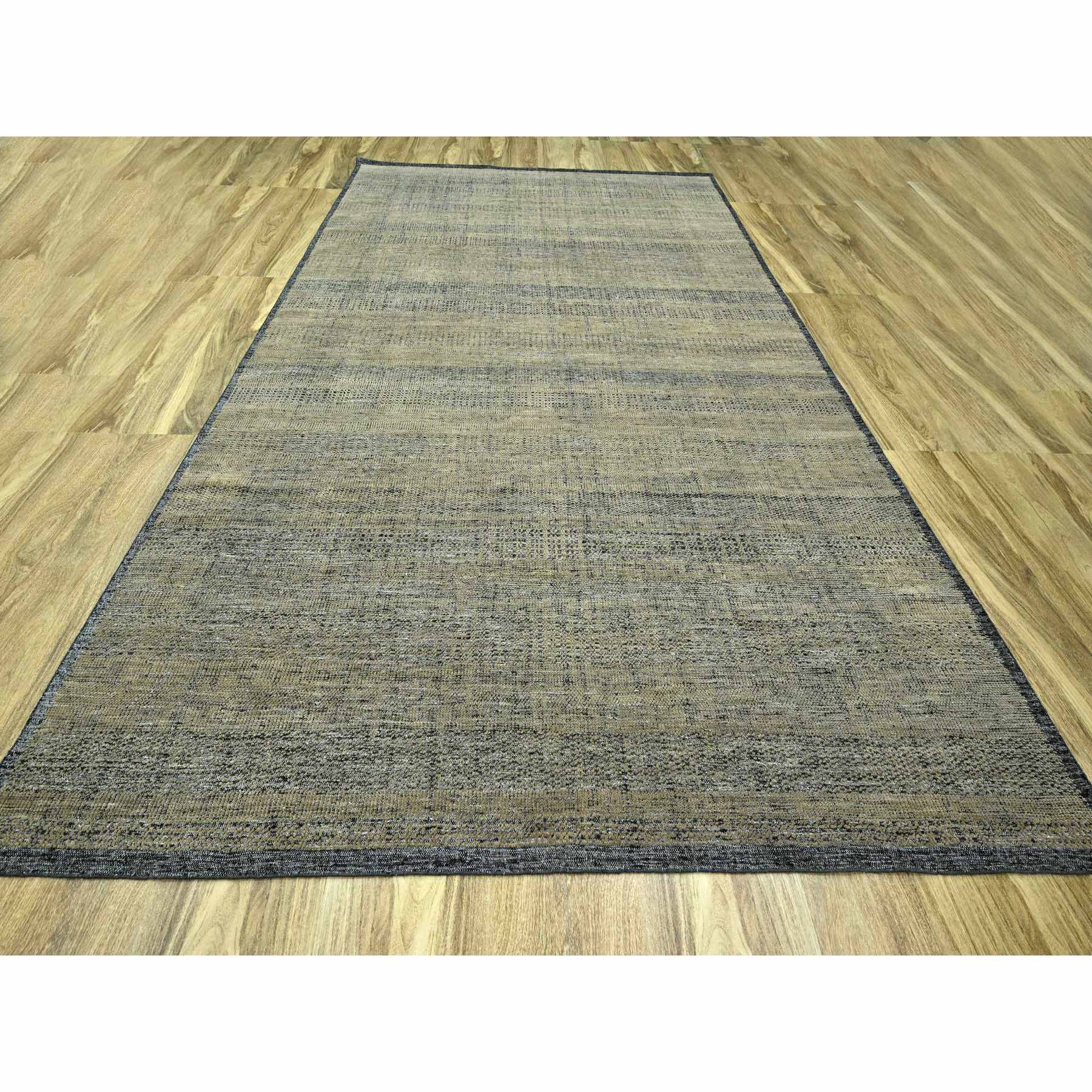 10'x14' Bone Brown with Charcoal Black, Oxidized and Distressed Grass Design with Exposed Warps, Hand Knotted, Pure Wool, Oriental Rug Sh76282