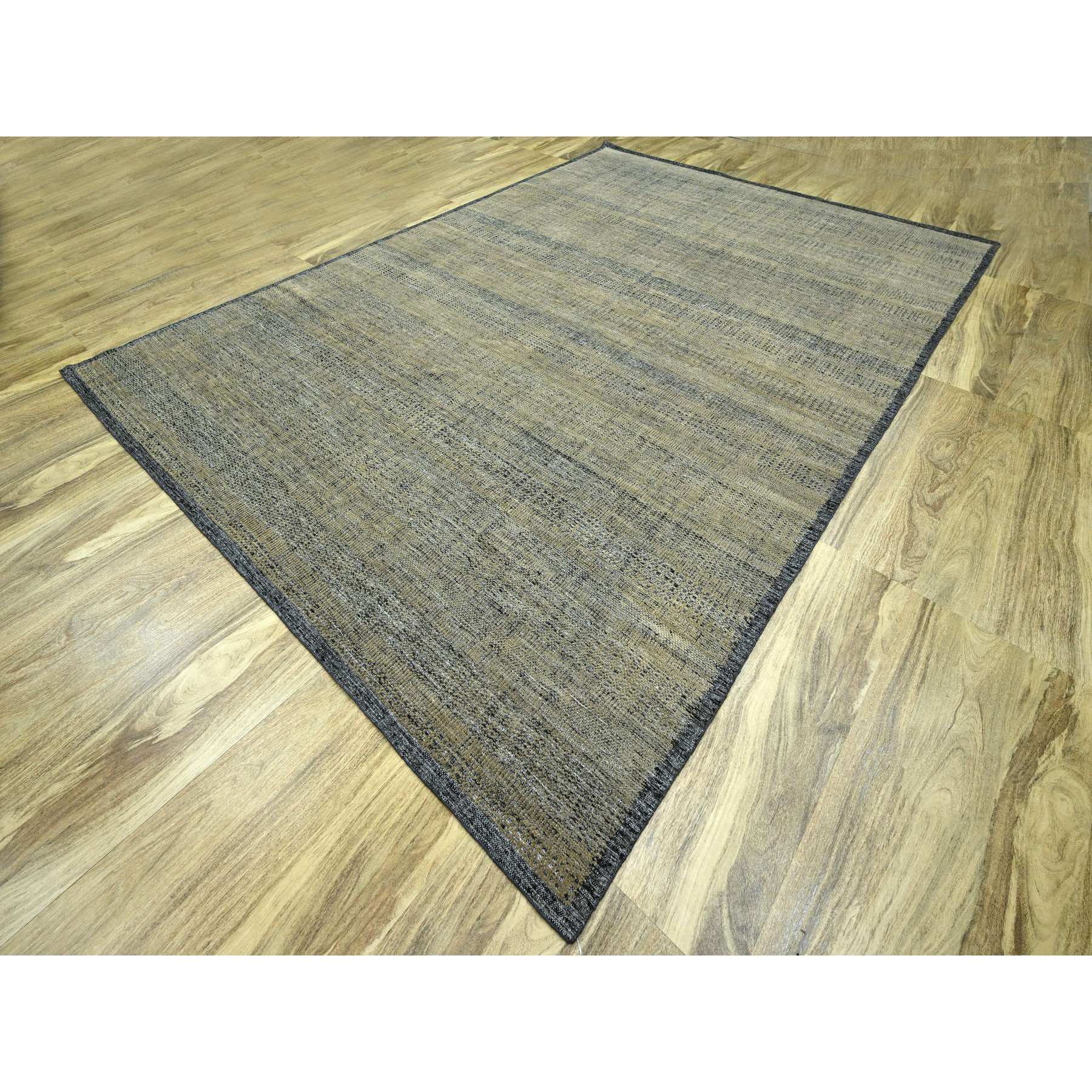 10'x14' Bone Brown with Charcoal Black, Oxidized and Distressed Grass Design with Exposed Warps, Hand Knotted, Pure Wool, Oriental Rug Sh76282