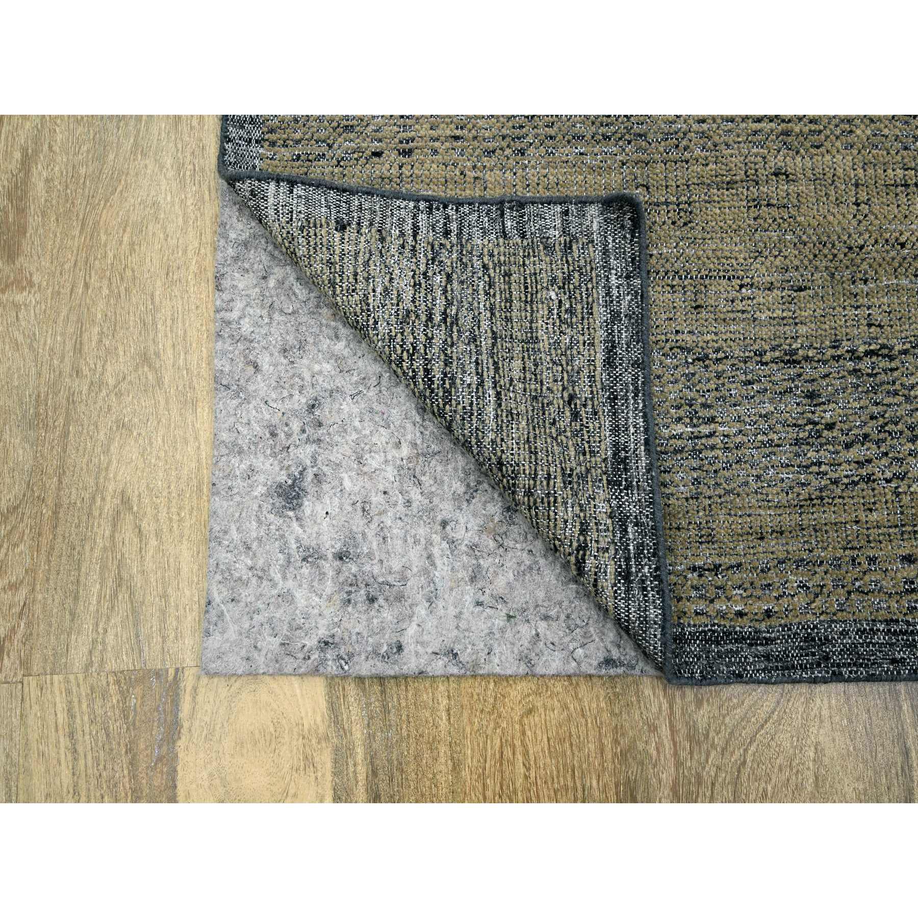 10'x14' Bone Brown with Charcoal Black, Oxidized and Distressed Grass Design with Exposed Warps, Hand Knotted, Pure Wool, Oriental Rug Sh76282