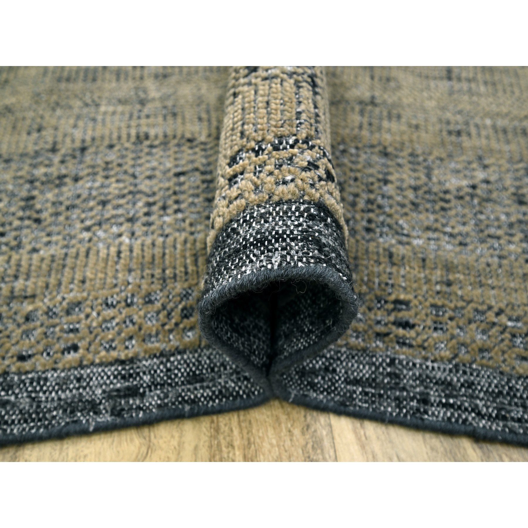 10'x14' Bone Brown with Charcoal Black, Oxidized and Distressed Grass Design with Exposed Warps, Hand Knotted, Pure Wool, Oriental Rug Sh76282