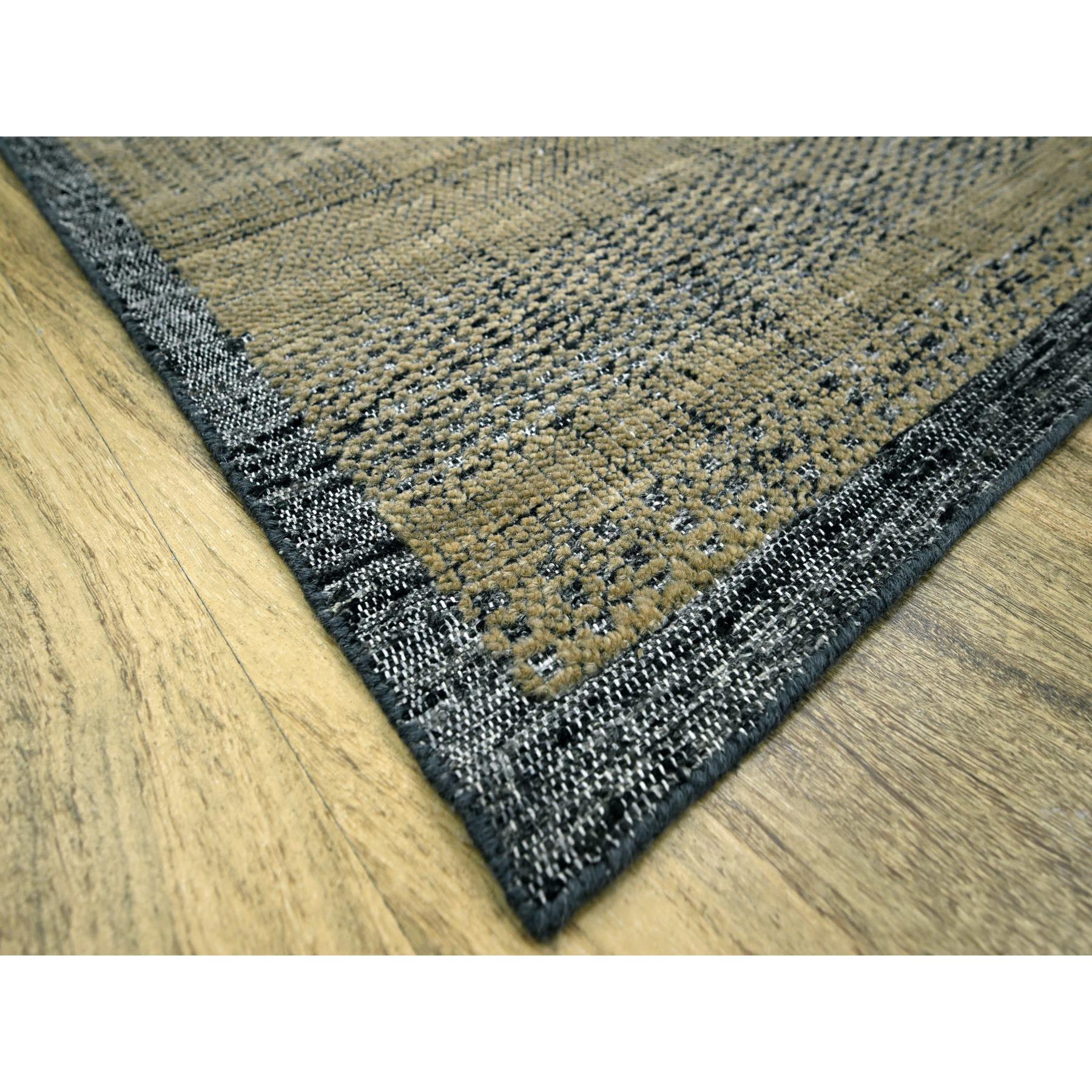 10'x14' Bone Brown with Charcoal Black, Oxidized and Distressed Grass Design with Exposed Warps, Hand Knotted, Pure Wool, Oriental Rug Sh76282