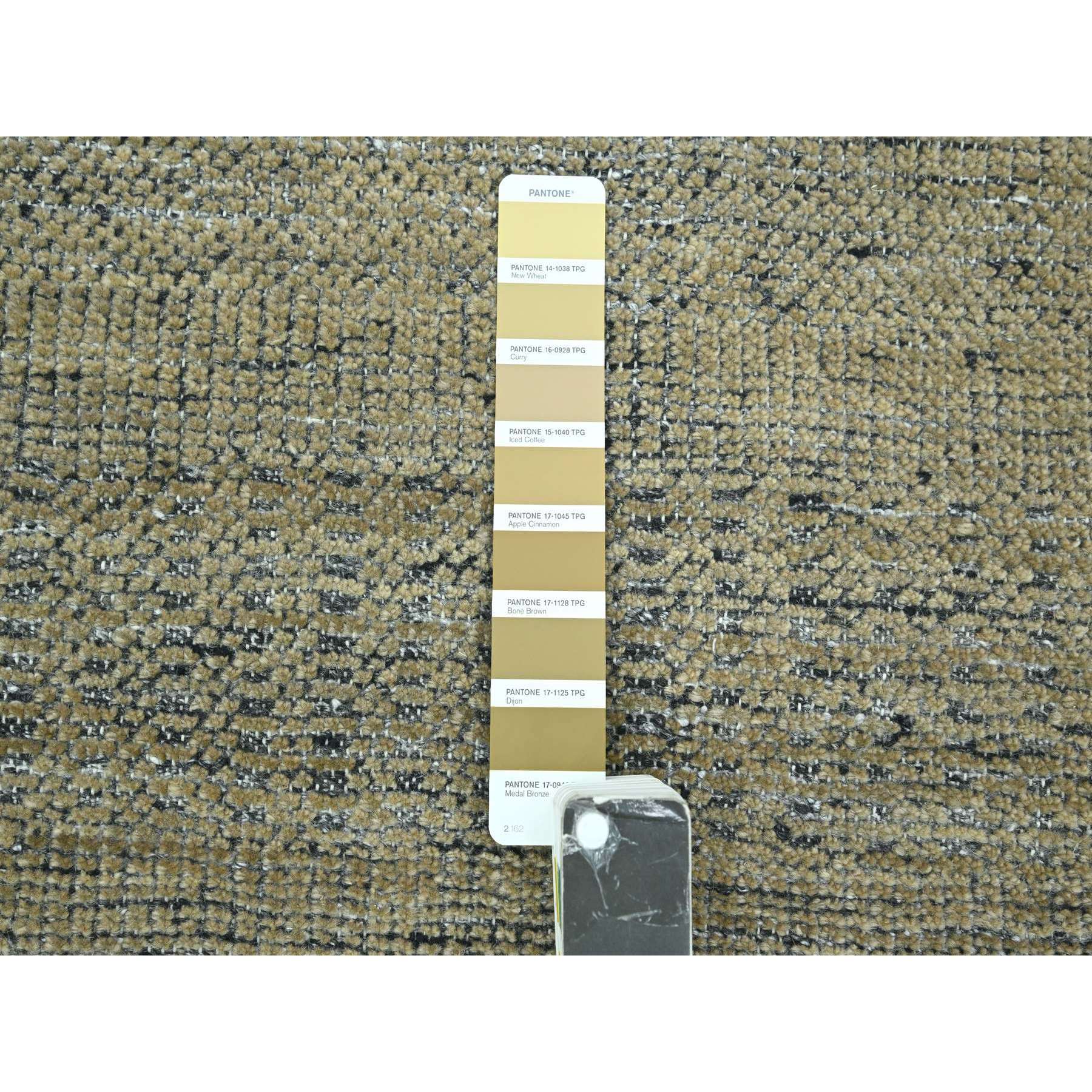 10'x14' Bone Brown with Charcoal Black, Oxidized and Distressed Grass Design with Exposed Warps, Hand Knotted, Pure Wool, Oriental Rug Sh76282