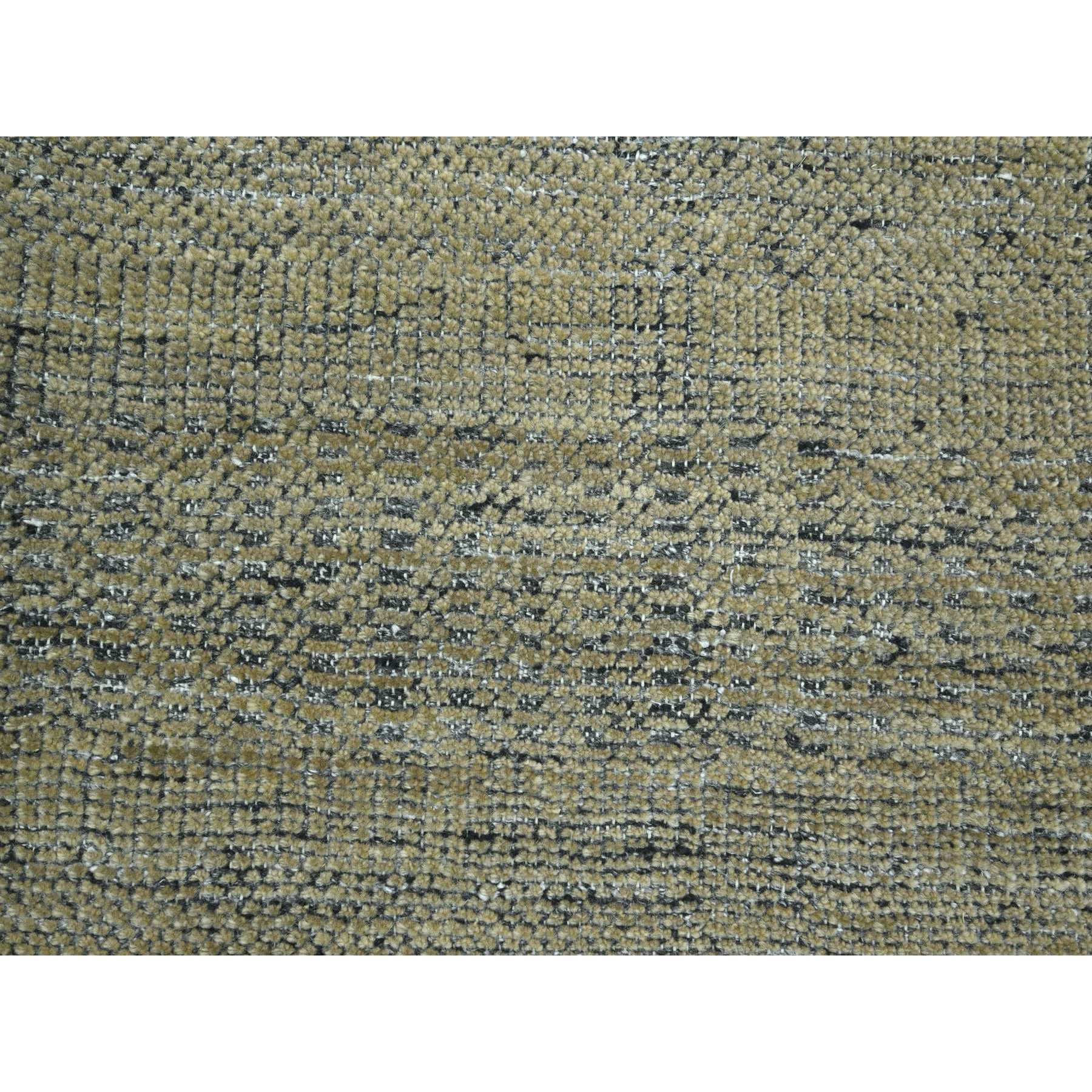 10'x14' Bone Brown with Charcoal Black, Oxidized and Distressed Grass Design with Exposed Warps, Hand Knotted, Pure Wool, Oriental Rug Sh76282