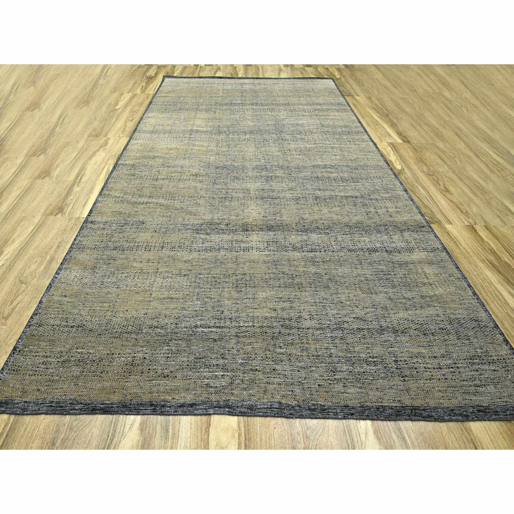 10'x14' Honey Brown with Charcoal Black, Oxidized and Distressed Grass Design with Exposed Warps, 100% Wool, Hand Knotted, Oriental Rug Sh76283