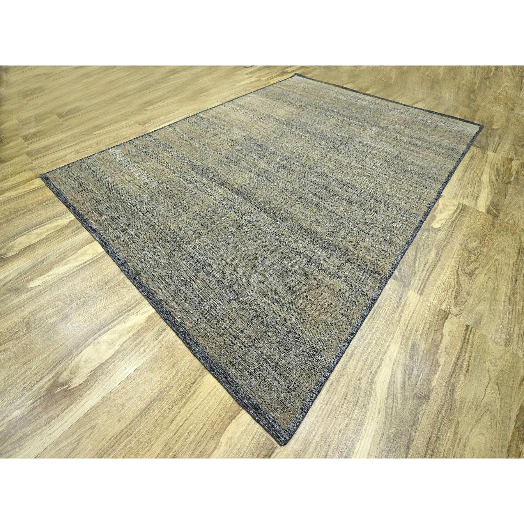 10'x14' Honey Brown with Charcoal Black, Oxidized and Distressed Grass Design with Exposed Warps, 100% Wool, Hand Knotted, Oriental Rug Sh76283