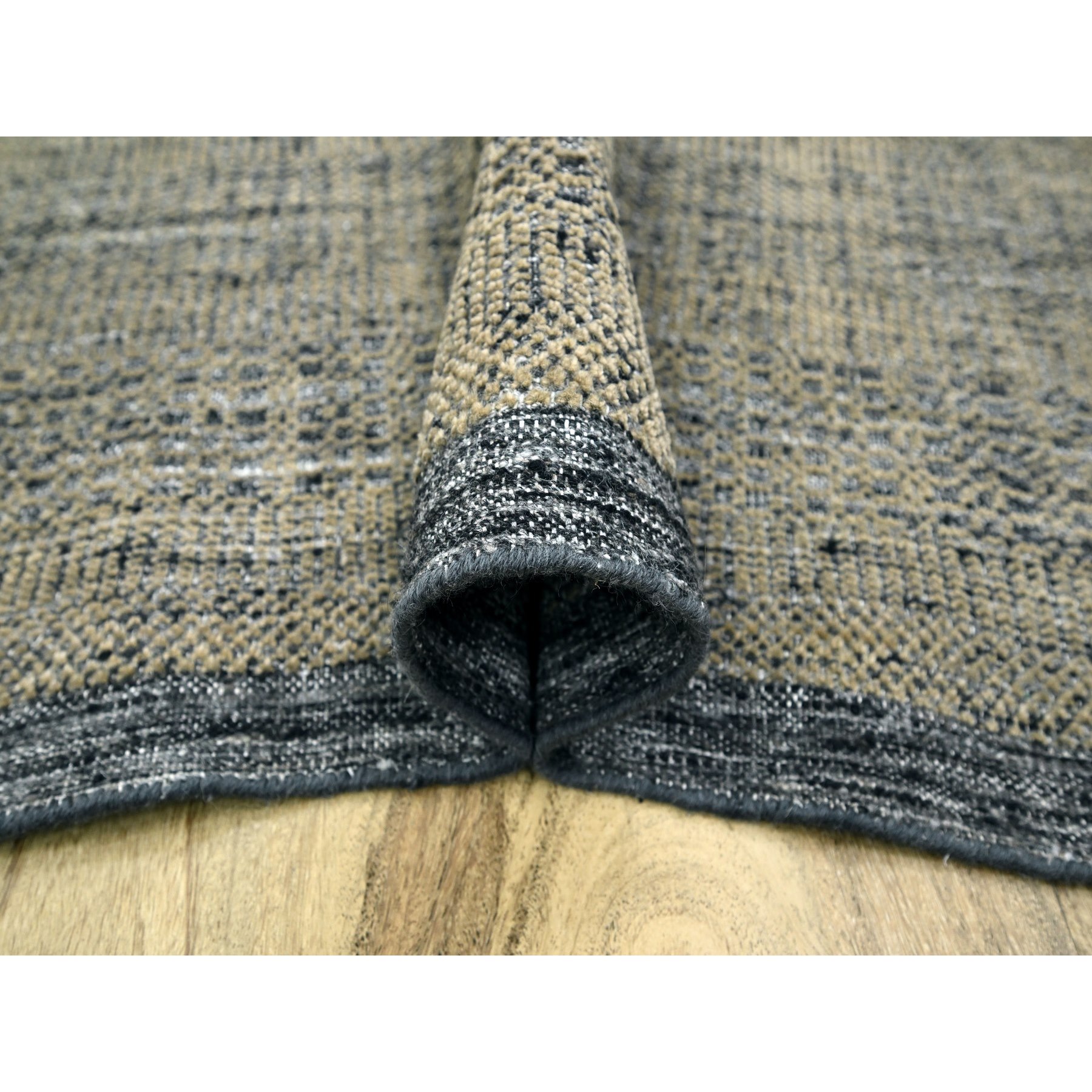 10'x14' Honey Brown with Charcoal Black, Oxidized and Distressed Grass Design with Exposed Warps, 100% Wool, Hand Knotted, Oriental Rug Sh76283