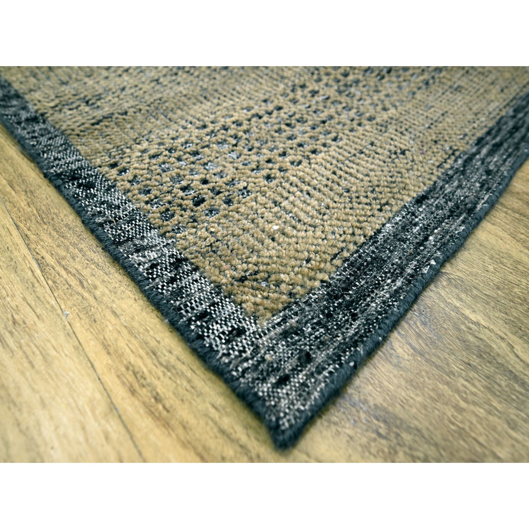 10'x14' Honey Brown with Charcoal Black, Oxidized and Distressed Grass Design with Exposed Warps, 100% Wool, Hand Knotted, Oriental Rug Sh76283