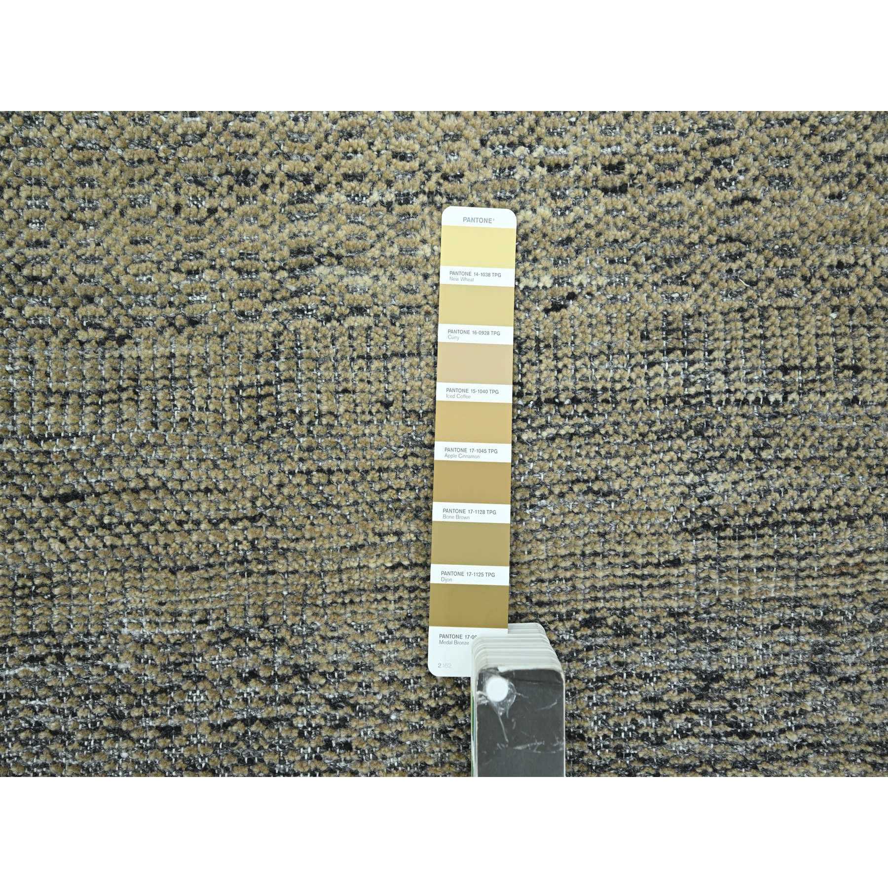 10'x14' Honey Brown with Charcoal Black, Oxidized and Distressed Grass Design with Exposed Warps, 100% Wool, Hand Knotted, Oriental Rug Sh76283