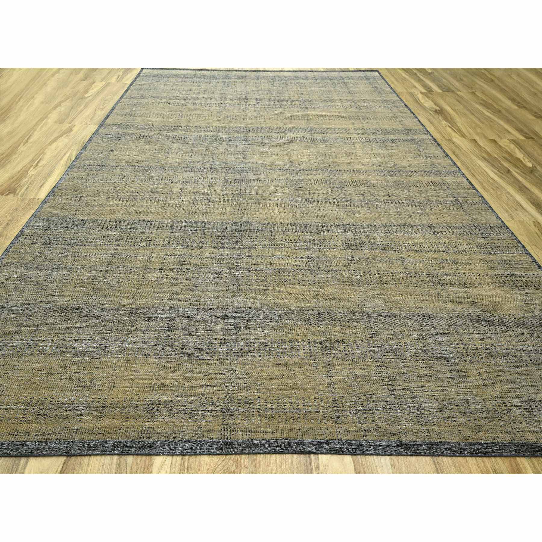 11'10"x15' Latte Brown with Charcoal Black, Oxidized and Distressed Grass Design with Exposed Warps, 100% Wool, Hand Knotted, Oversized, Oriental Rug Sh76288